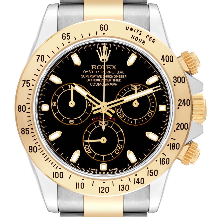 The image shows a front view of a Rolex Daytona watch, highlighting its dial, bezel, crown, and pushers.