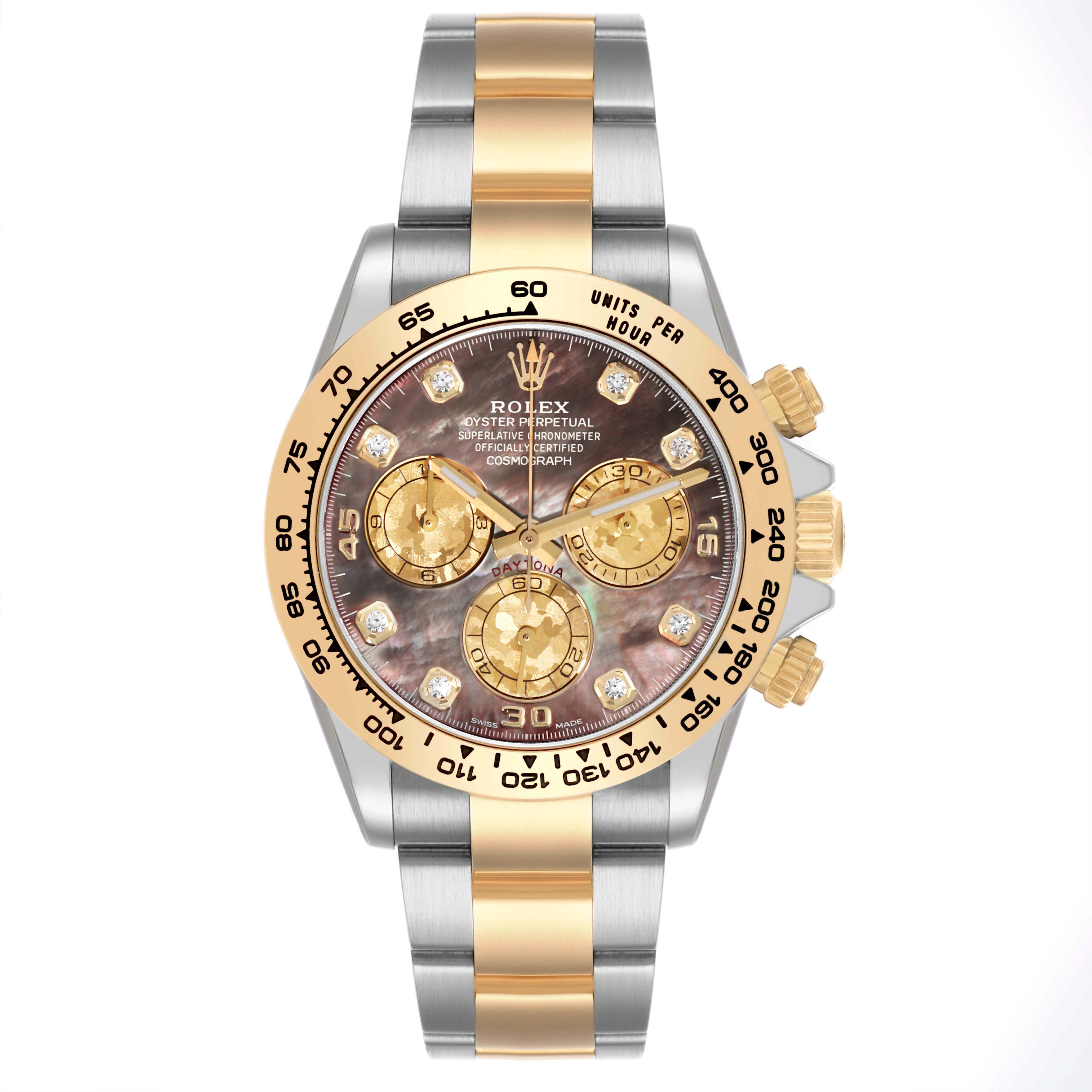 The Rolex Daytona 116503 Men's Steel and Gold (two tone) Mother of Pearl Dial 116503 Men's Steel and Gold (two tone) Mother of Pearl Dial watch is shown from a front angle, highlighting the dial, bezel, pushers, and two-tone bracelet.