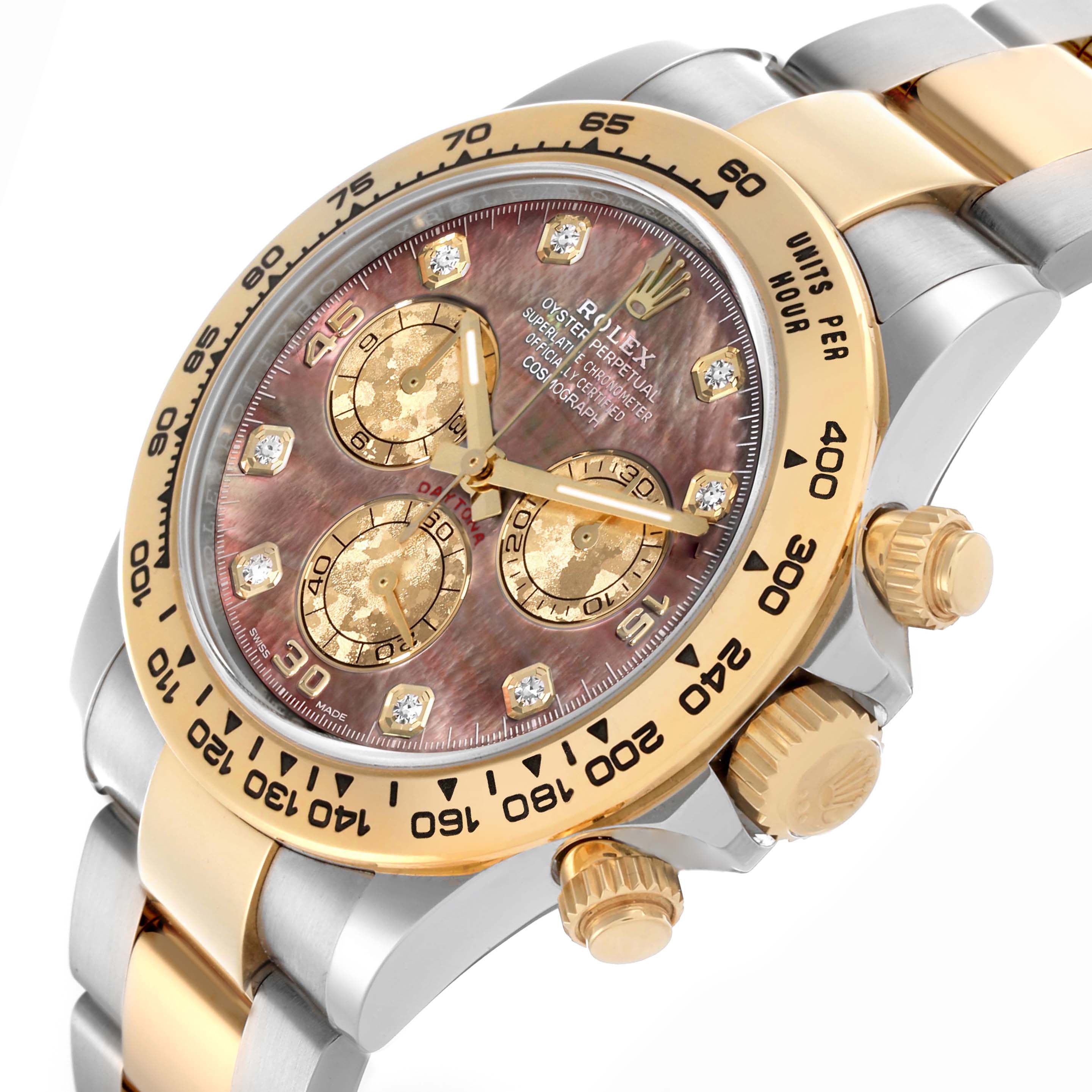 The image shows a side angle of the Rolex Daytona 116503 Men's Steel and Gold (two tone) Mother of Pearl Dial 116503 Men's Steel and Gold (two tone) Mother of Pearl Dial watch, highlighting its bezel, dial, pushers, and part of the bracelet.