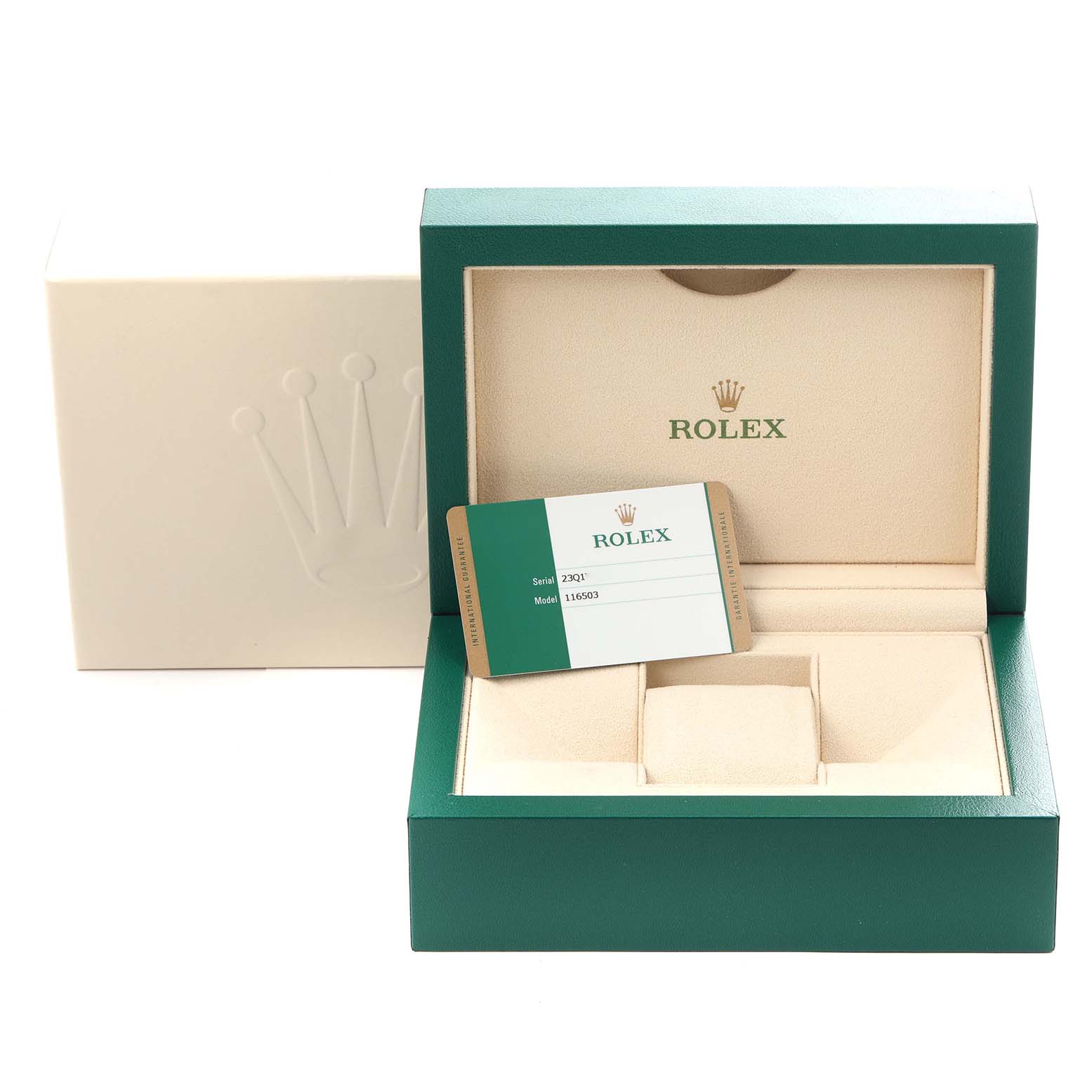 The image shows the packaging and warranty card for a Rolex Daytona 116503 Men's Steel and Gold (two tone) Mother of Pearl Dial 116503 Men's Steel and Gold (two tone) Mother of Pearl Dial watch.