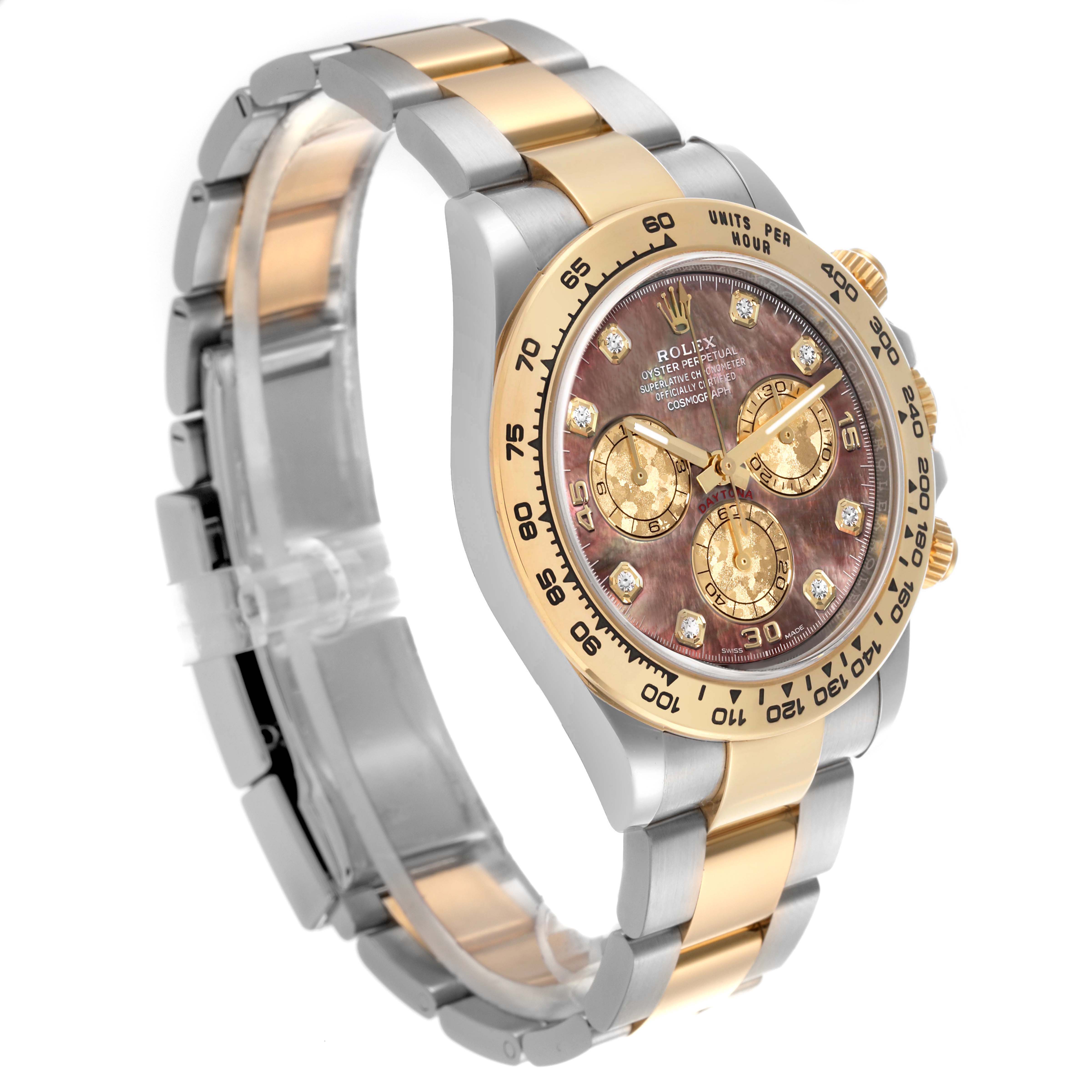 The Rolex Daytona 116503 Men's Steel and Gold (two tone) Mother of Pearl Dial 116503 Men's Steel and Gold (two tone) Mother of Pearl Dial watch is shown at a three-quarter angle, highlighting the bezel, dial, bracelet, and side pushers.