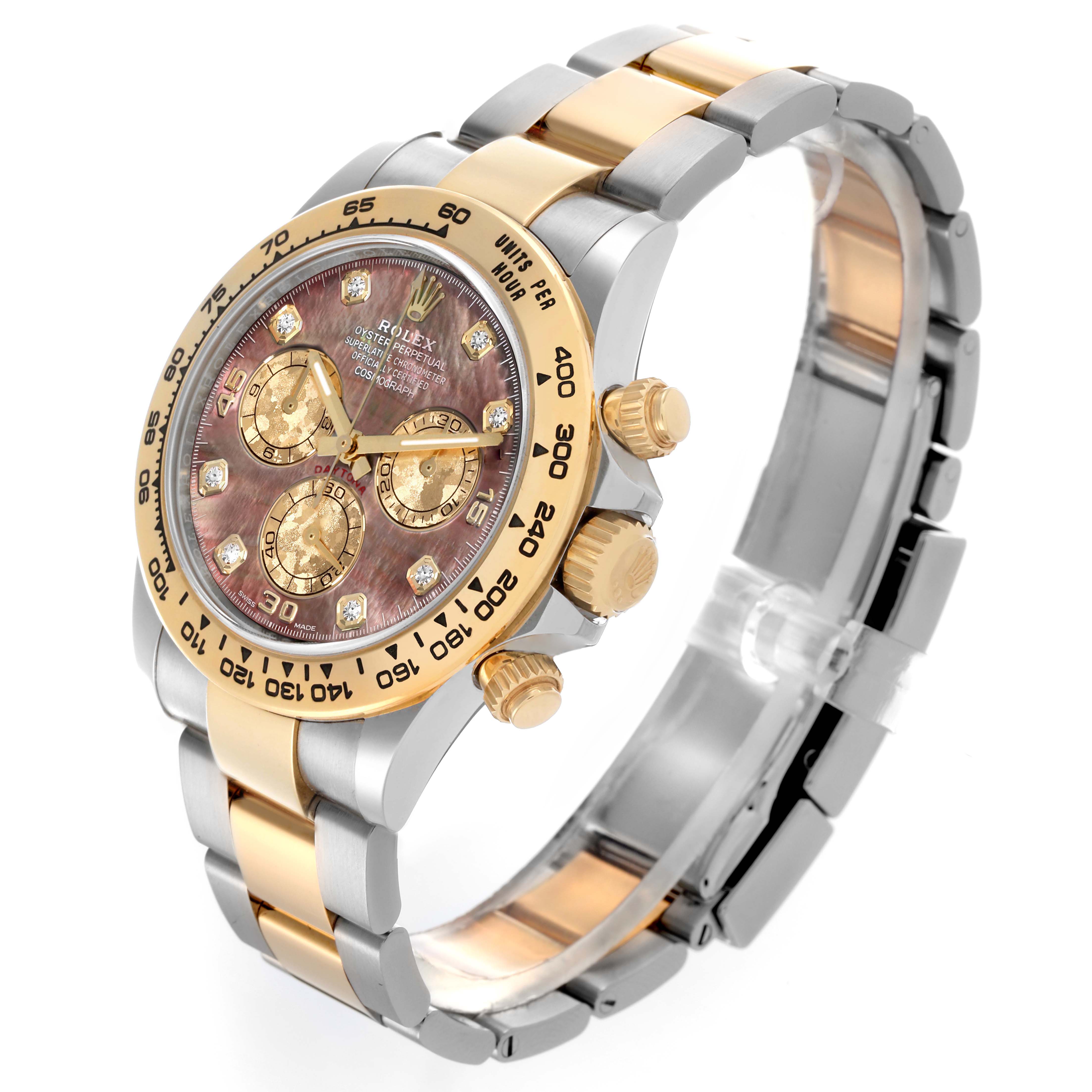 The Rolex Daytona 116503 Men's Steel and Gold (two tone) Mother of Pearl Dial 116503 Men's Steel and Gold (two tone) Mother of Pearl Dial watch is shown at a three-quarter angle, highlighting its face, bezel, crown, and bracelet.