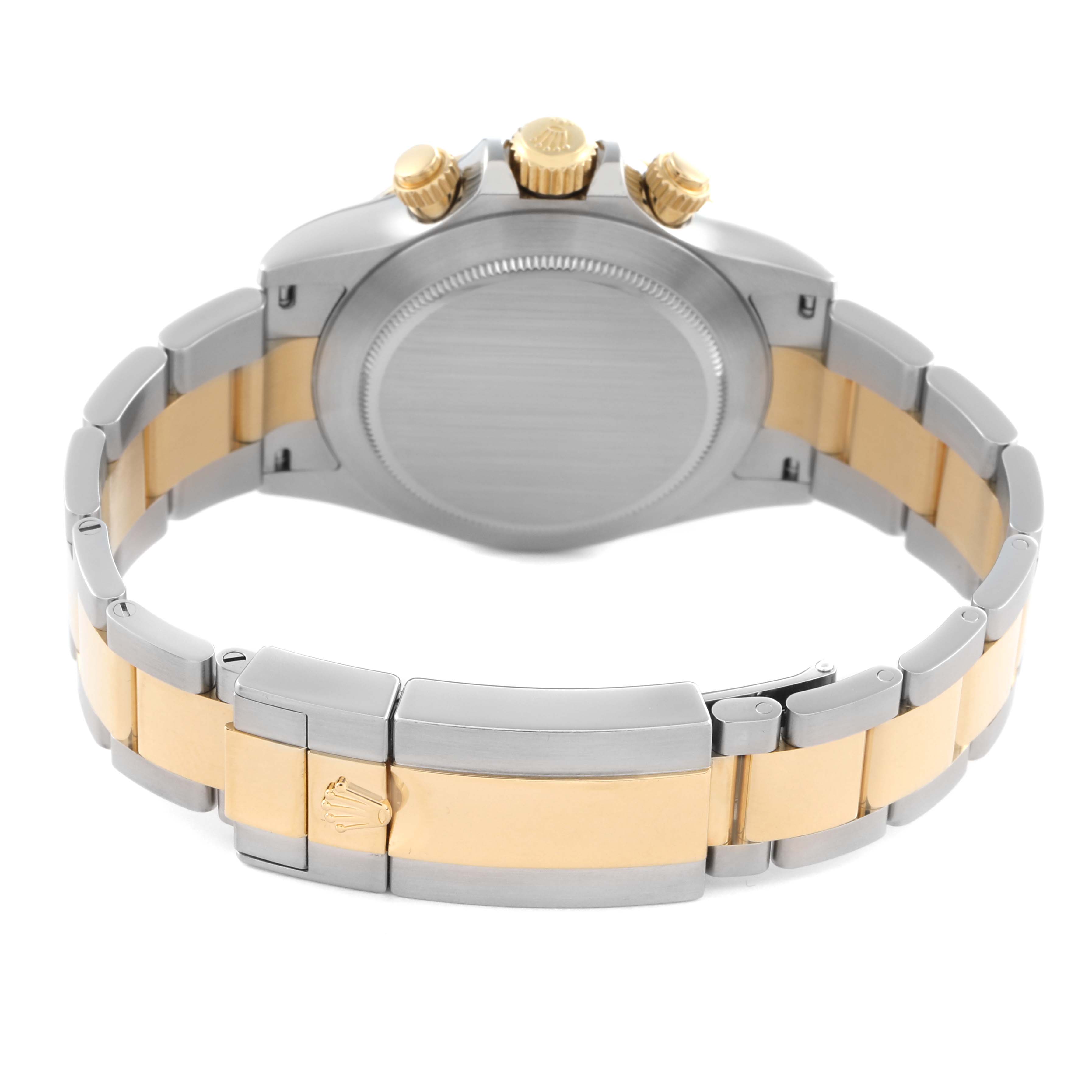 The image shows the back of a Rolex Daytona 116503 Men's Steel and Gold (two tone) Mother of Pearl Dial 116503 Men's Steel and Gold (two tone) Mother of Pearl Dial watch, highlighting the bracelet, clasp, and crown.