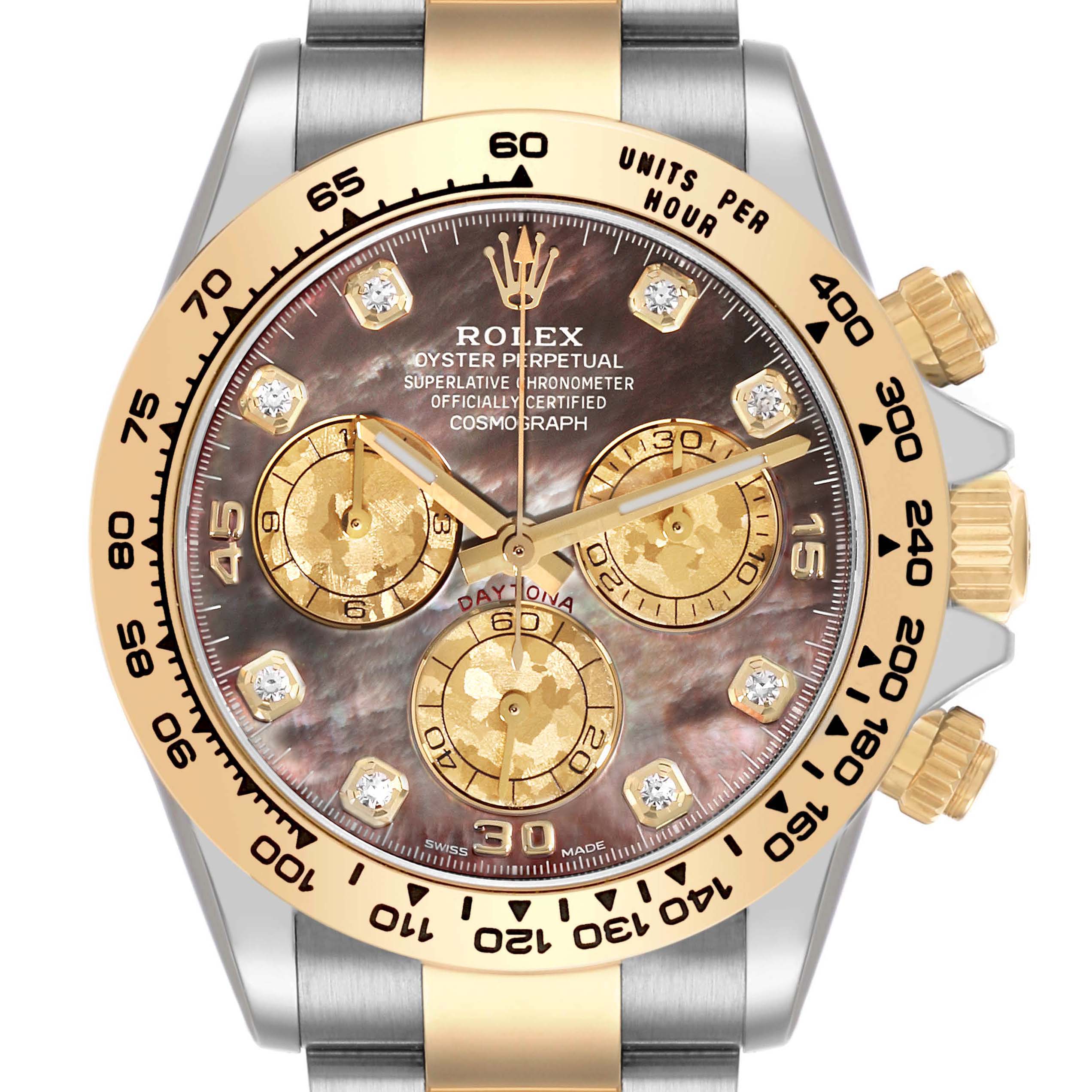 The Rolex Daytona 116503 Men's Steel and Gold (two tone) Mother of Pearl Dial 116503 Men's Steel and Gold (two tone) Mother of Pearl Dial watch is shown from the front, displaying the bezel, dial, subdials, and part of the bracelet.