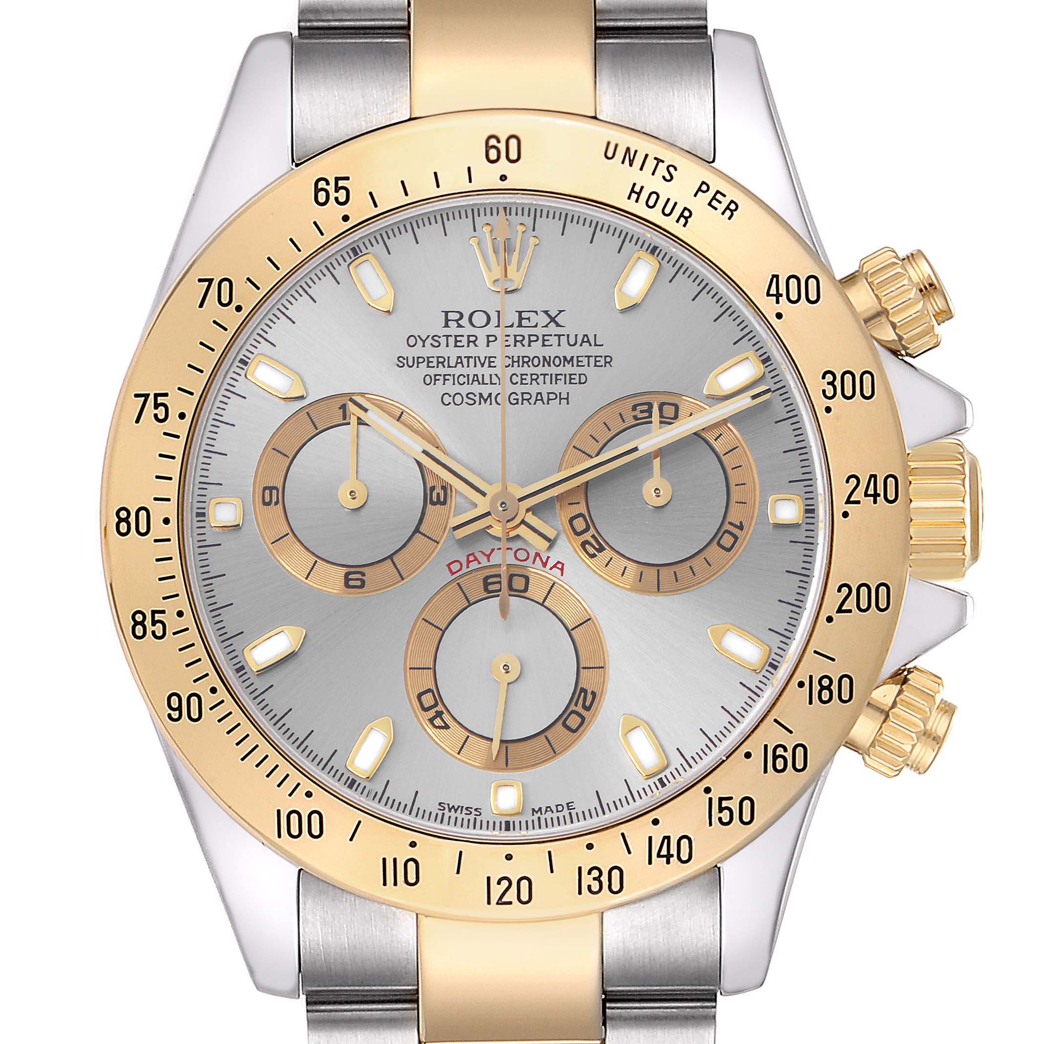 The Rolex Daytona 116523 Men's Steel and Gold (two tone) Silver Dial 116523 Men's Steel and Gold (two tone) Silver Dial watch is shown from the front, highlighting the bezel, dial, and subdials.