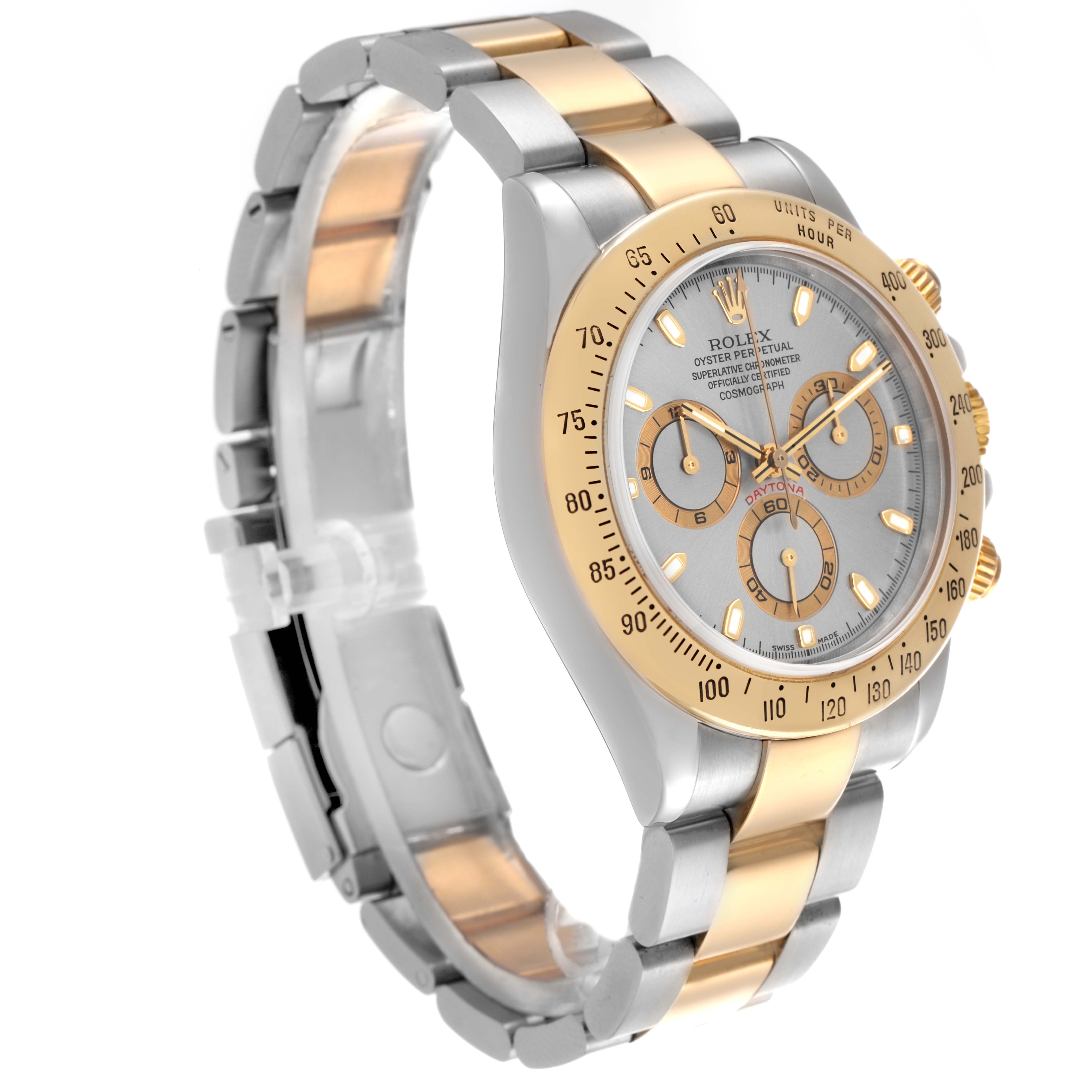The Rolex Daytona 116523 Men's Steel and Gold (two tone) Silver Dial 116523 Men's Steel and Gold (two tone) Silver Dial watch is shown at a three-quarter angle, displaying its gold bezel, chronograph dials, and two-tone bracelet.