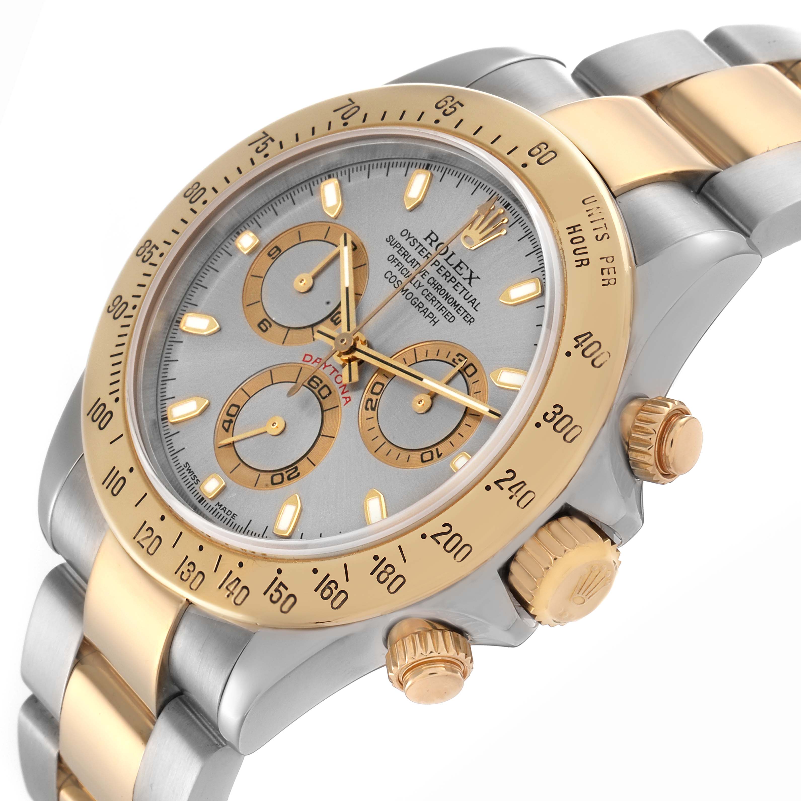 The image shows a Rolex Daytona 116523 Men's Steel and Gold (two tone) Silver Dial 116523 Men's Steel and Gold (two tone) Silver Dial watch at an angled close-up, highlighting the dial, bezel, crown, and part of the bracelet.