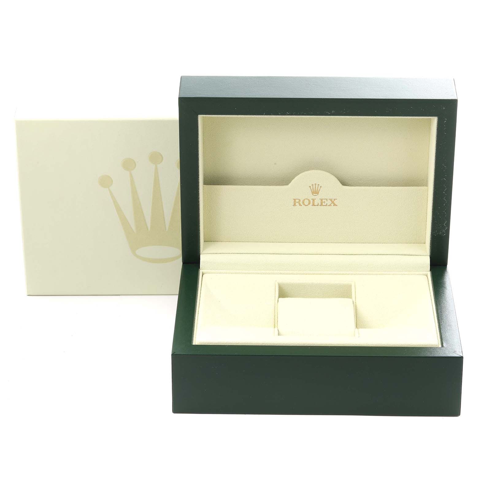 The image shows an open Rolex Daytona 116523 Men's Steel and Gold (two tone) Silver Dial 116523 Men's Steel and Gold (two tone) Silver Dial watch box from the front, featuring the interior cushion and branding.