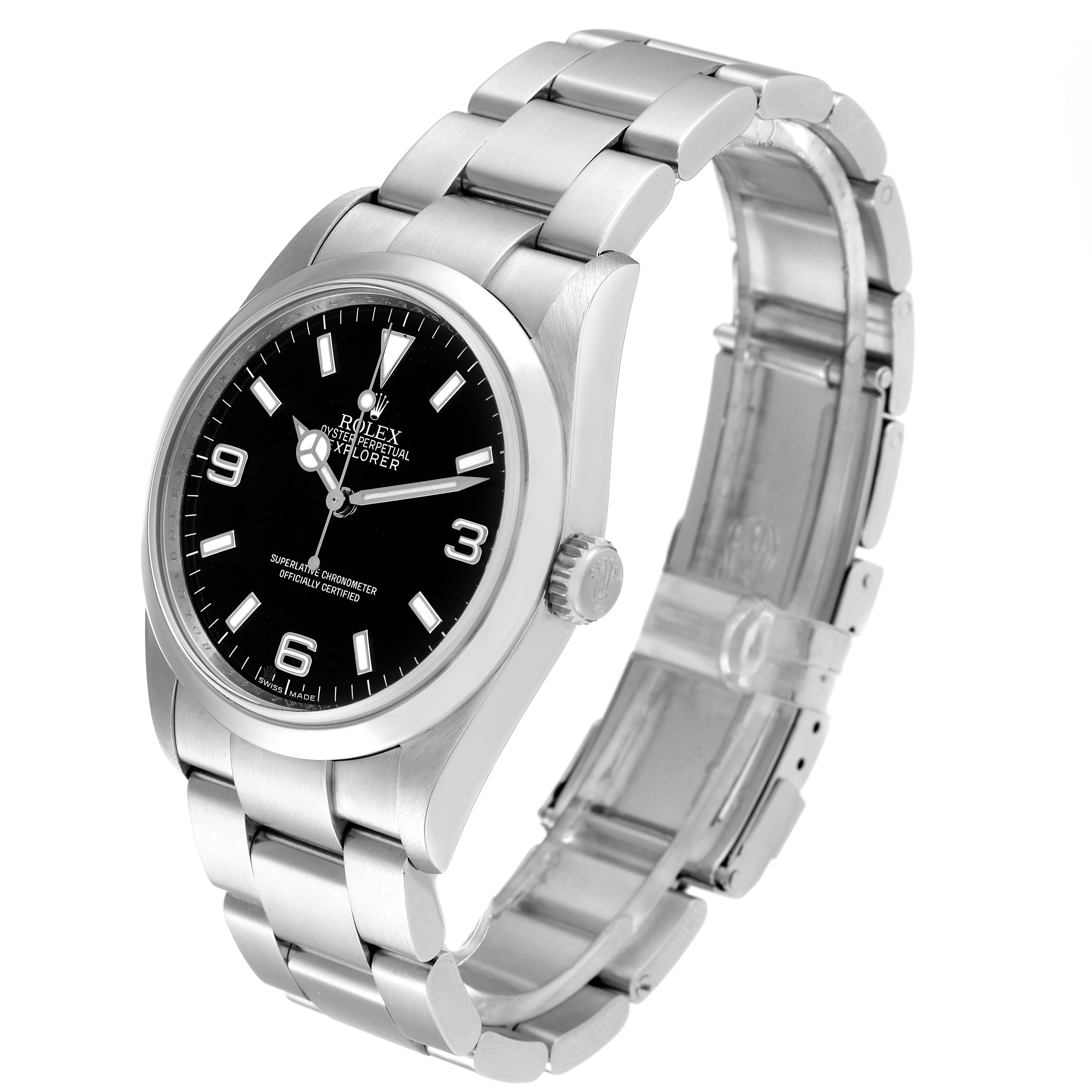 The image shows a Rolex Explorer 114270 Men
s Stainless Steel Black Dial 114270 Men
s Stainless Steel Black Dial watch from a three-quarter angle, displaying its face, case, and bracelet.