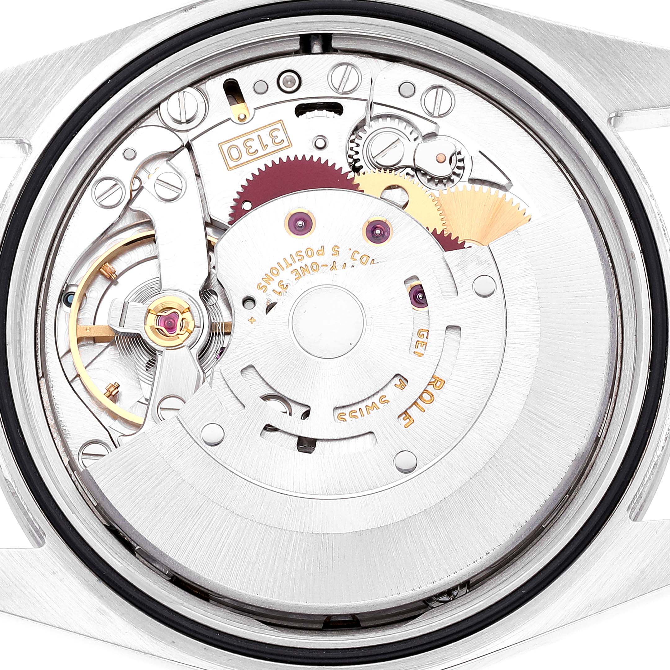 The image shows the internal mechanics of a Rolex Explorer 114270 Men
s Stainless Steel Black Dial 114270 Men
s Stainless Steel Black Dial watch from a back case angle.