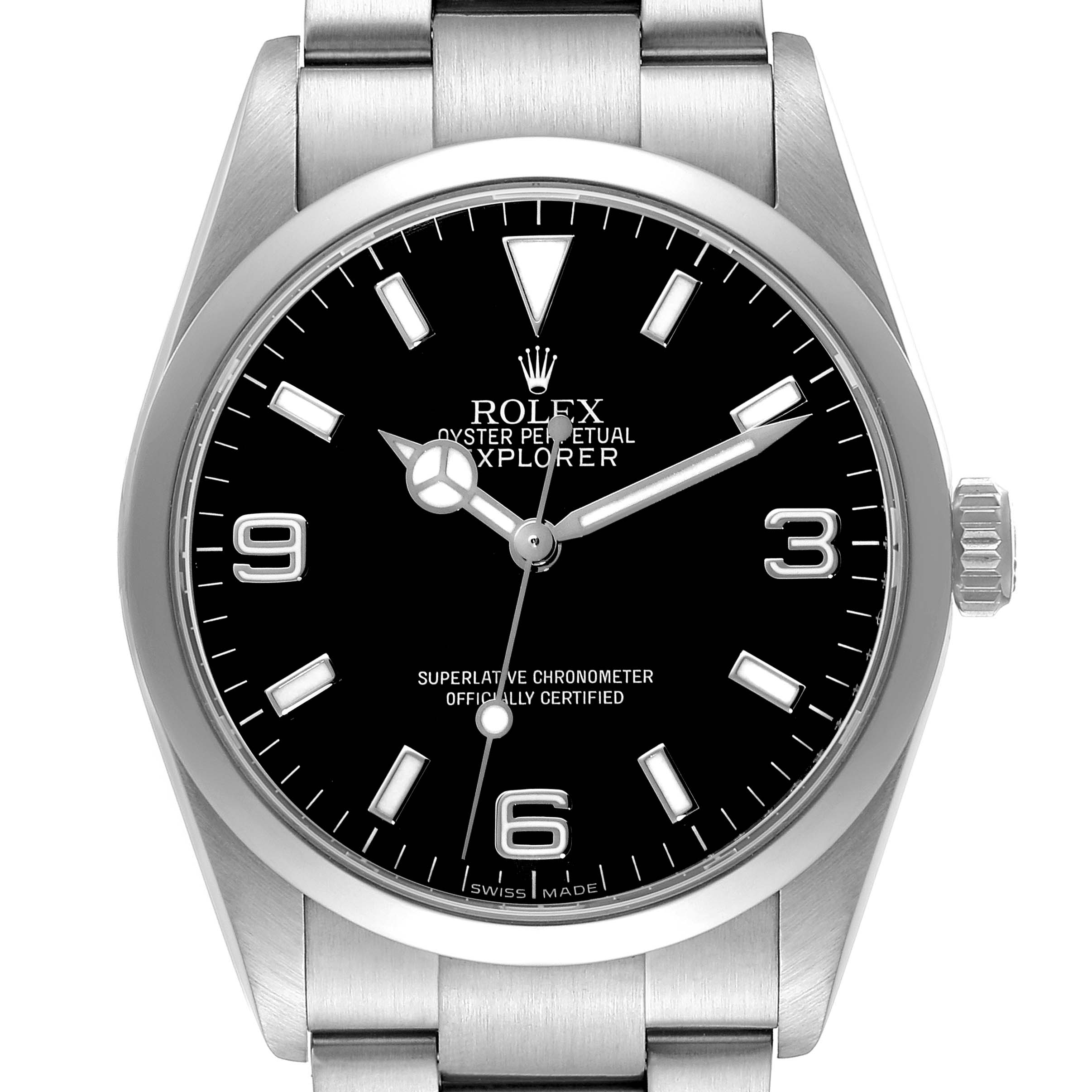 This image shows a front view of a Rolex Explorer 114270 Men
s Stainless Steel Black Dial 114270 Men
s Stainless Steel Black Dial watch, highlighting the dial, hands, markers, and part of the bracelet.