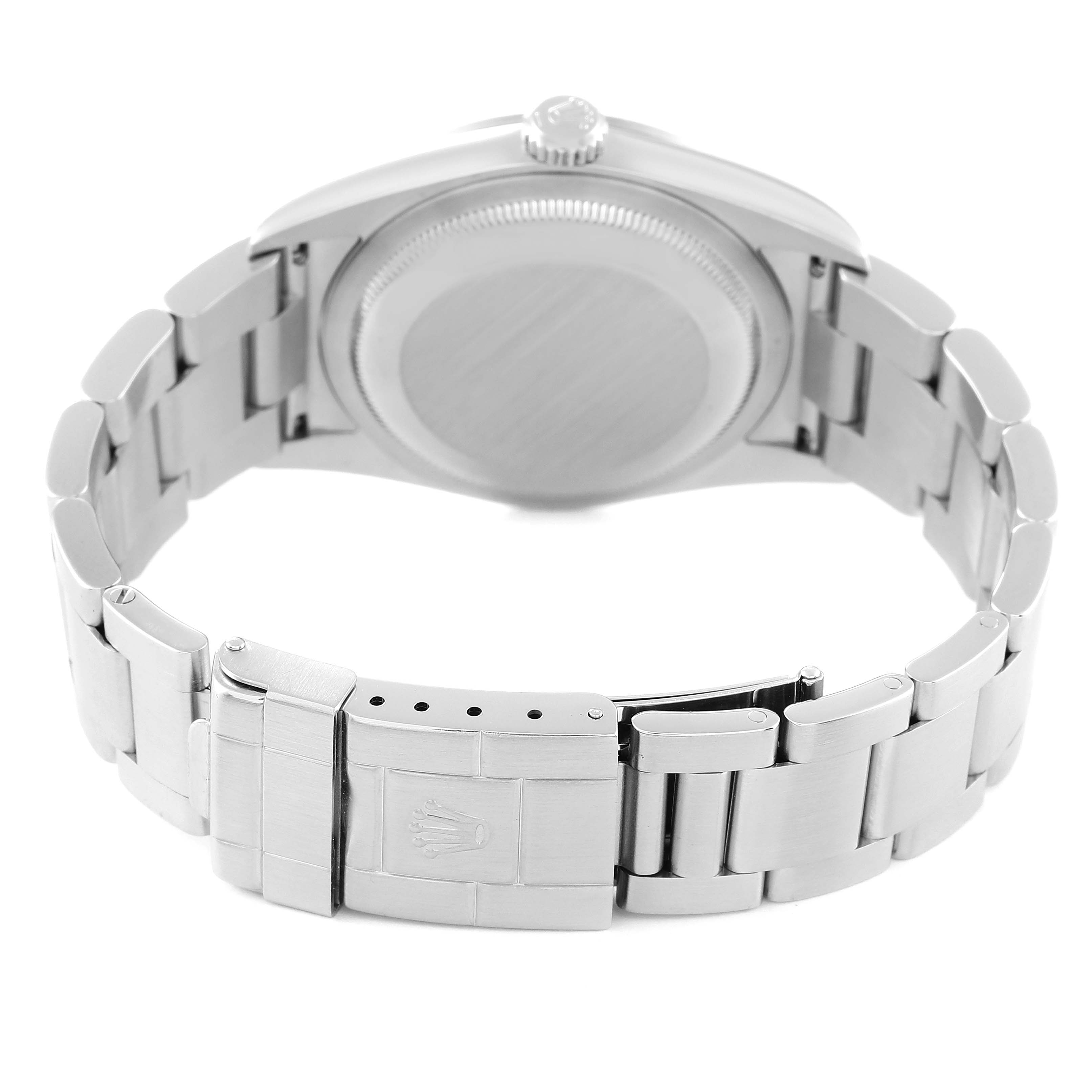 The image shows the back view of the Rolex Explorer 114270 Men
s Stainless Steel Black Dial 114270 Men
s Stainless Steel Black Dial watch, highlighting the case back and the bracelet with the clasp.