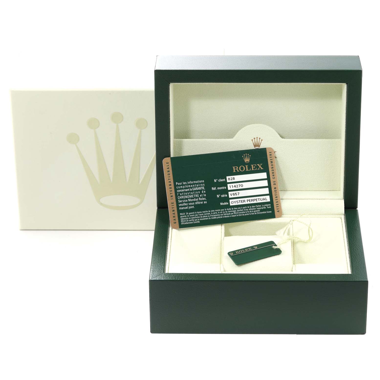 The image shows the packaging and Best Quality
ation card for a Rolex Explorer 114270 Men
s Stainless Steel Black Dial 114270 Men
s Stainless Steel Black Dial model.