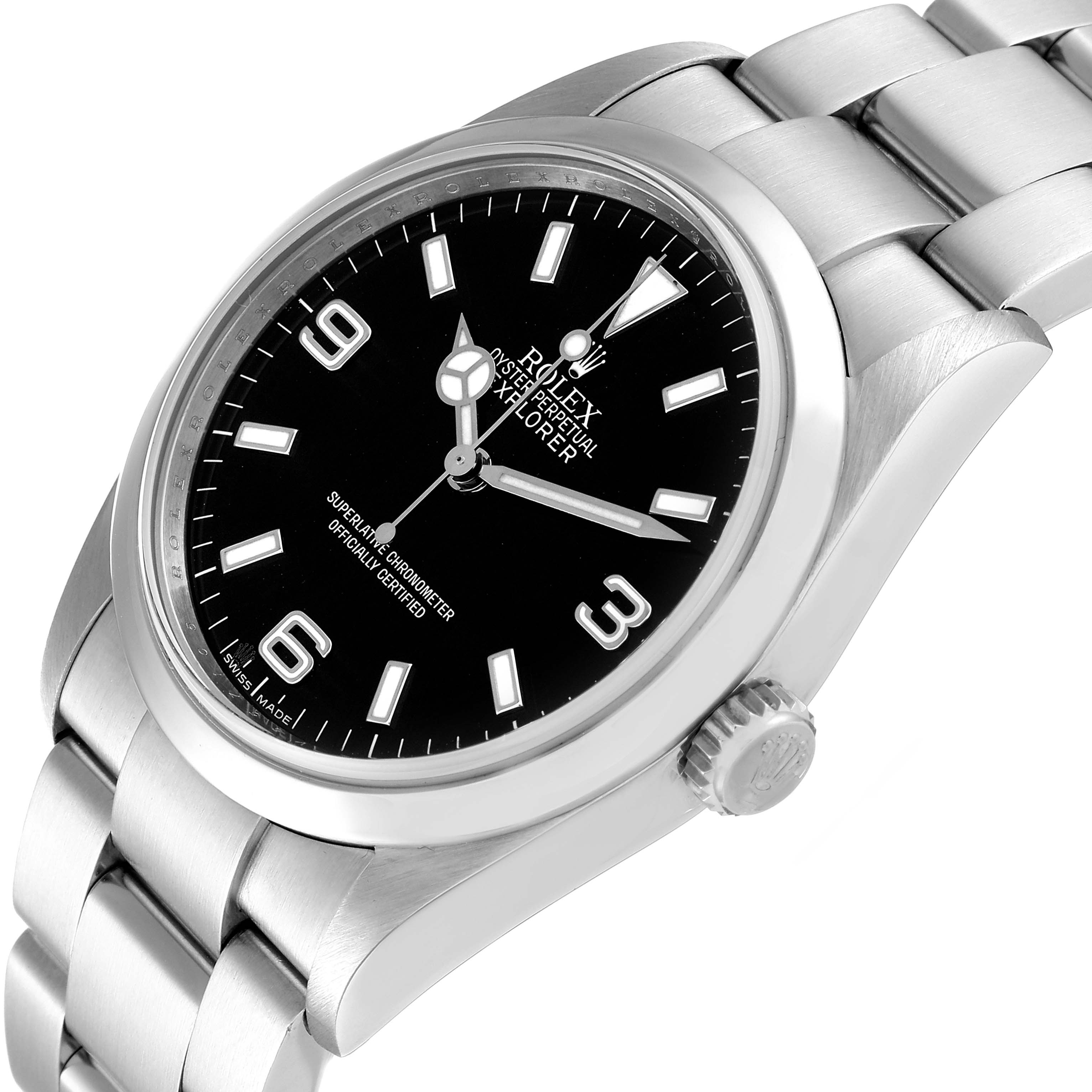 The Rolex Explorer 114270 Men
s Stainless Steel Black Dial 114270 Men
s Stainless Steel Black Dial watch is shown at an angled close-up, featuring its black dial, stainless steel case, and bracelet.