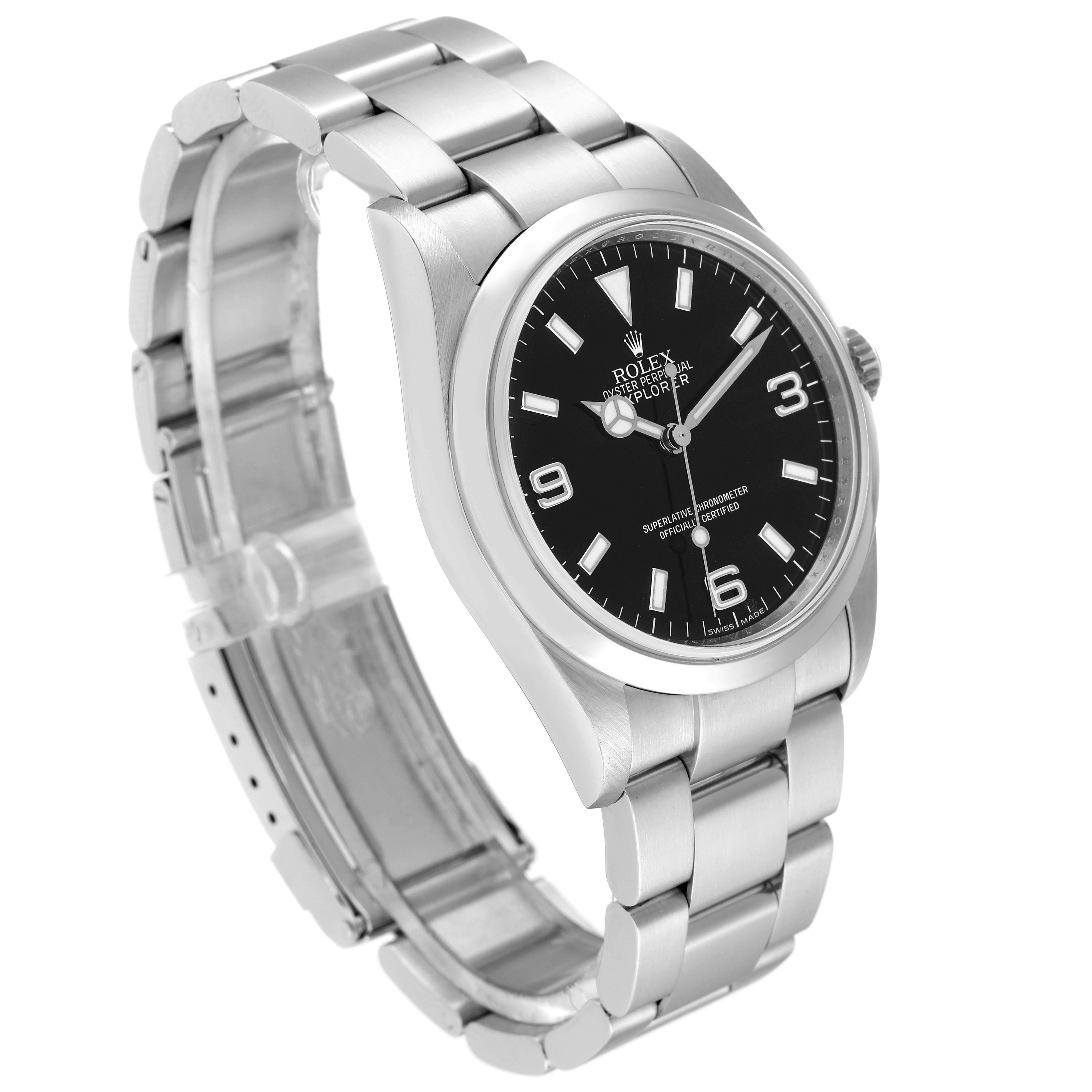 The image shows a Rolex Explorer 114270 Men
s Stainless Steel Black Dial 114270 Men
s Stainless Steel Black Dial watch at a three-quarter angle, highlighting the bracelet, case, and dial.