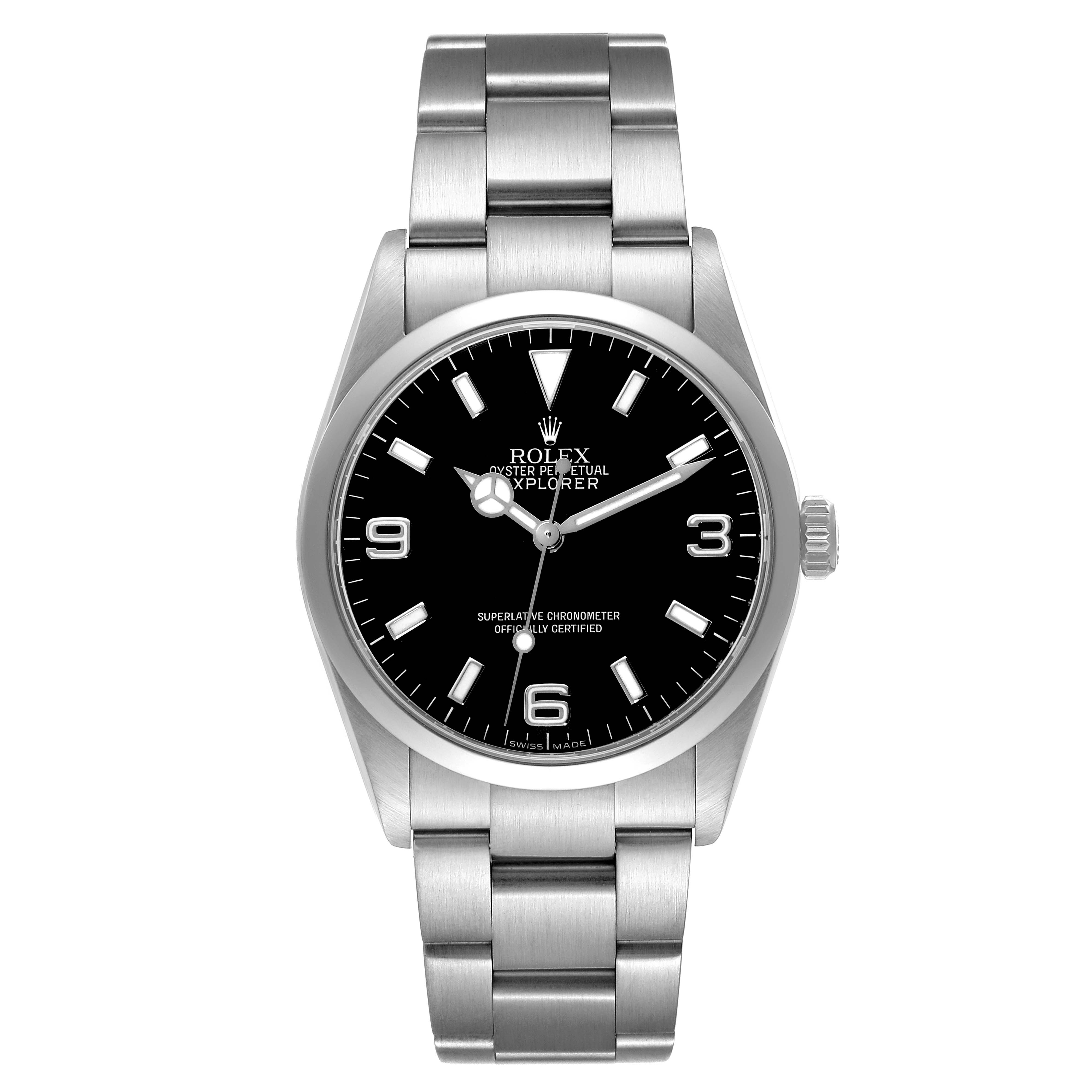 The image shows a front view of a Rolex Explorer 114270 Men
s Stainless Steel Black Dial 114270 Men
s Stainless Steel Black Dial watch, highlighting its face, bezel, dial, and bracelet.