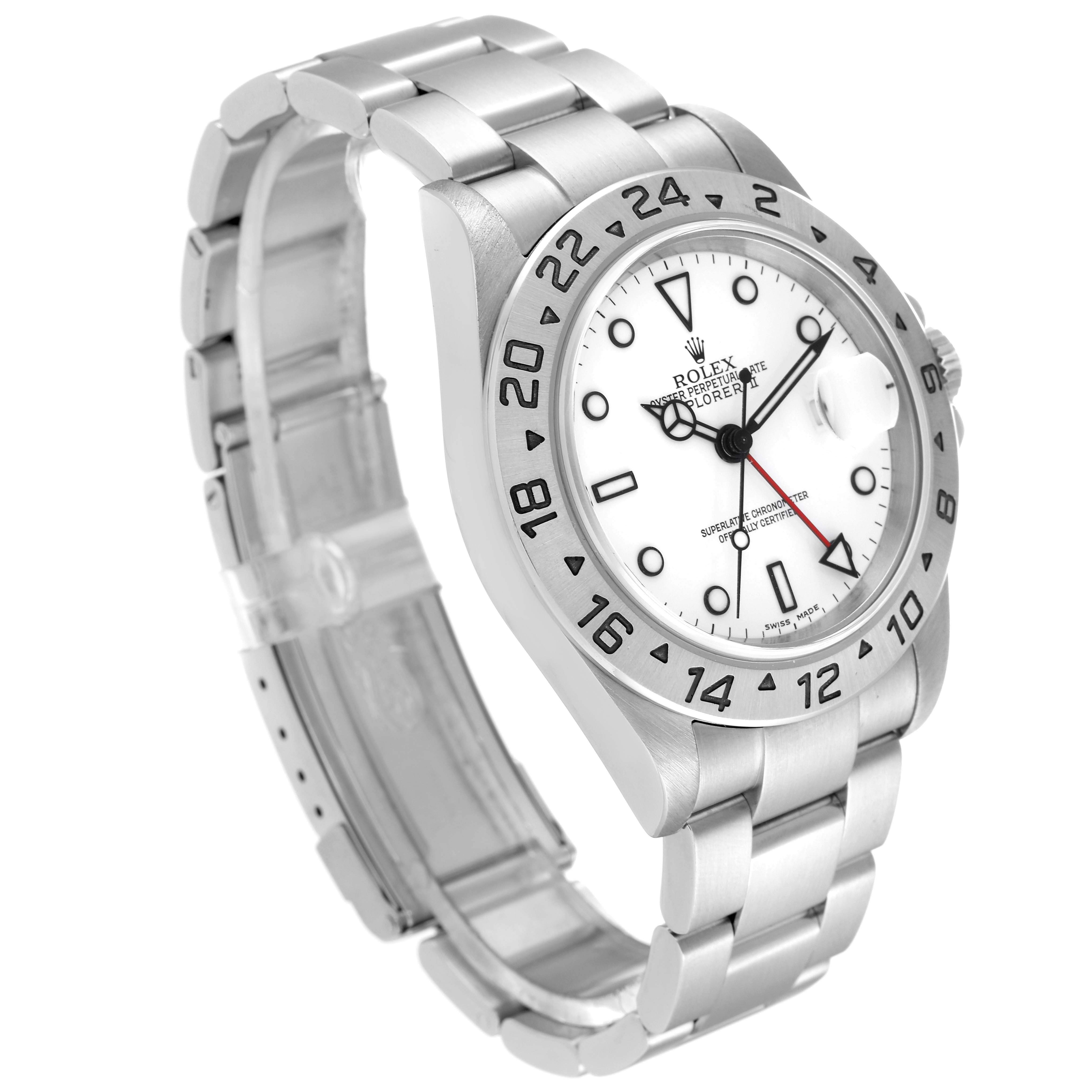 The image shows a side angle of a Rolex Explorer 16570 Men
s Stainless Steel White Dial 16570 Men
s Stainless Steel White Dial watch, highlighting its bracelet, bezel, and white dial.