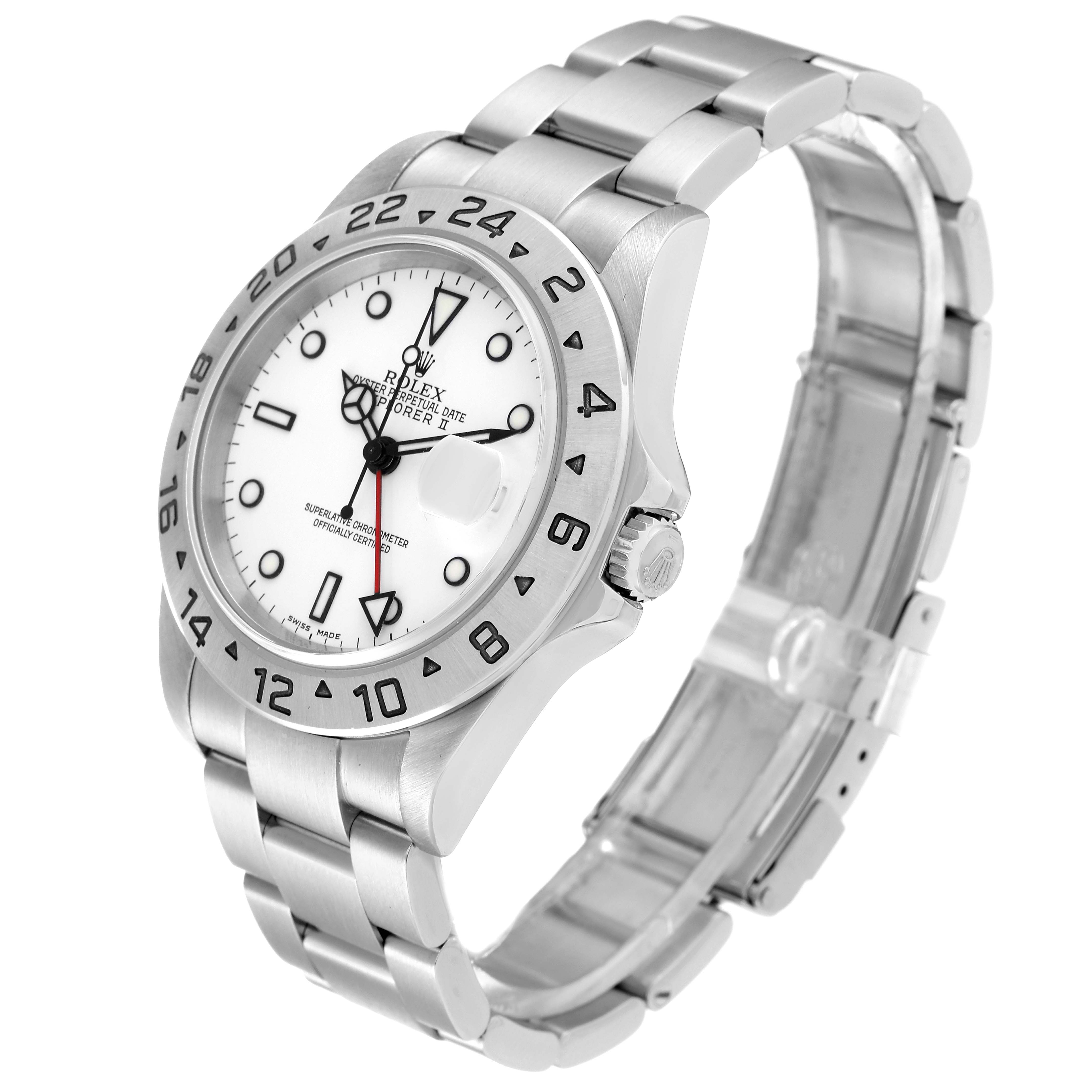 This image shows a side-angle view of a Rolex Explorer 16570 Men
s Stainless Steel White Dial 16570 Men
s Stainless Steel White Dial watch, featuring its white dial, bezel, crown, and bracelet.