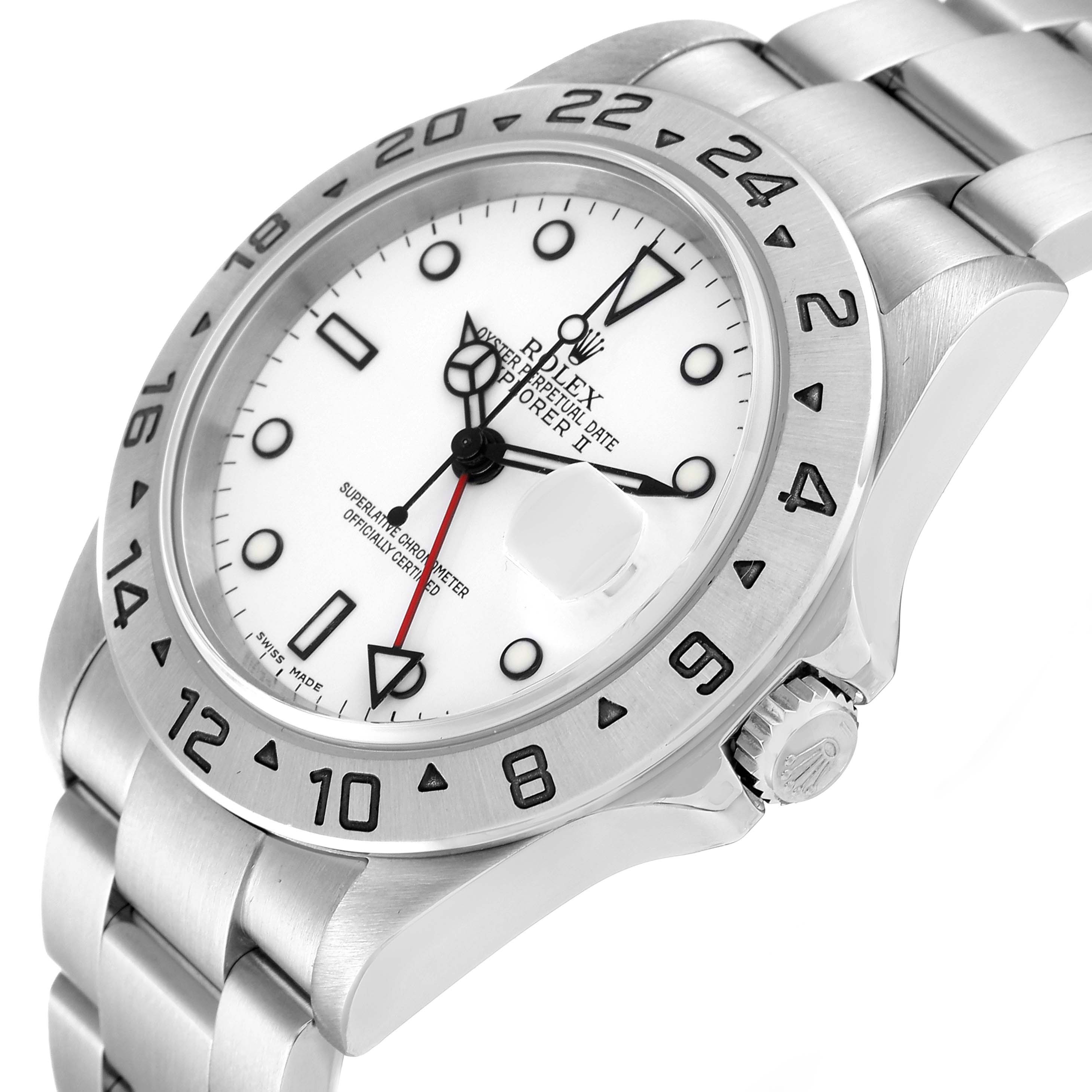 The image shows a Rolex Explorer 16570 Men
s Stainless Steel White Dial 16570 Men
s Stainless Steel White Dial watch from an angled view, highlighting its dial, bezel, and bracelet.