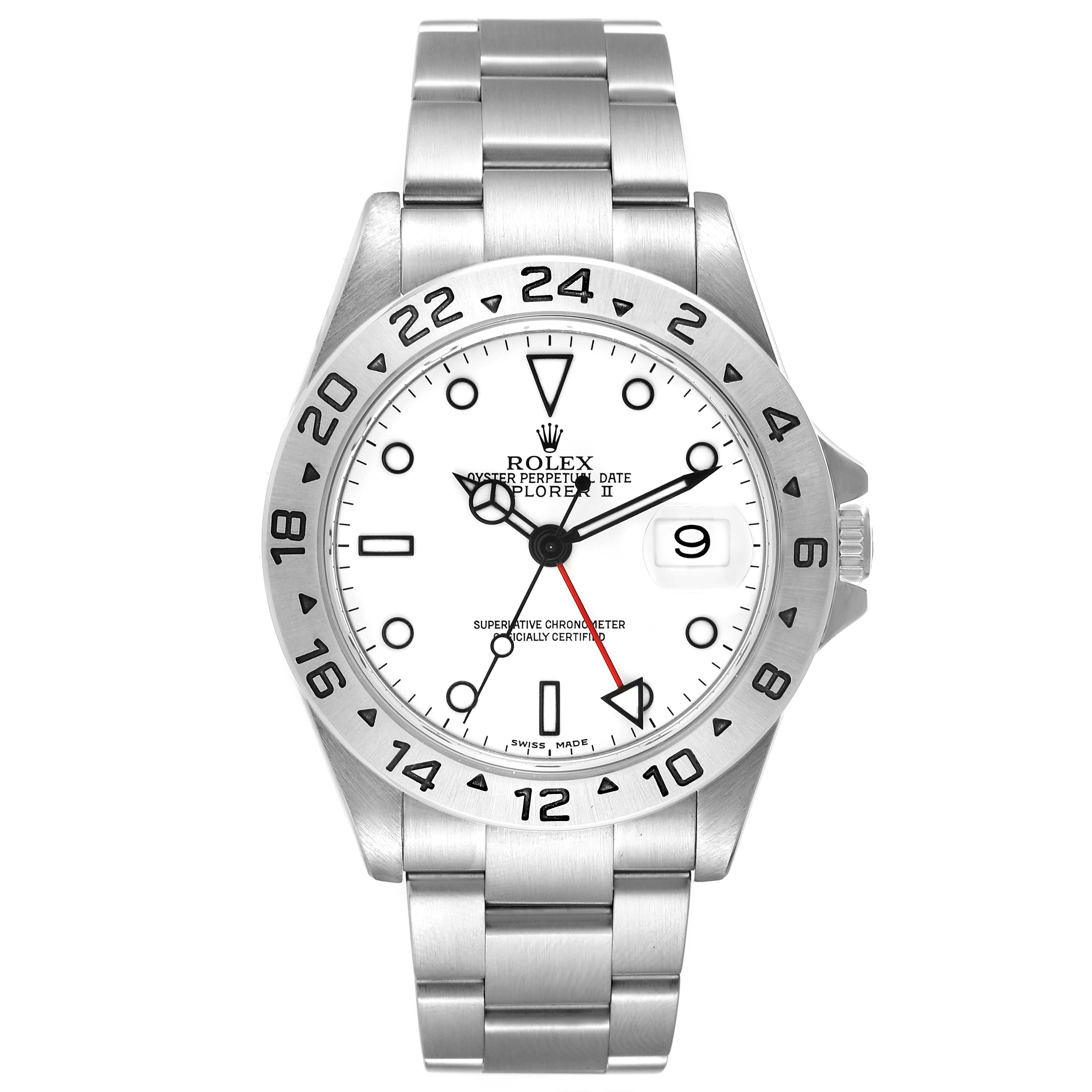 This is a front view of a Rolex Explorer 16570 Men
s Stainless Steel White Dial 16570 Men
s Stainless Steel White Dial watch showcasing its face, bezel, and bracelet.