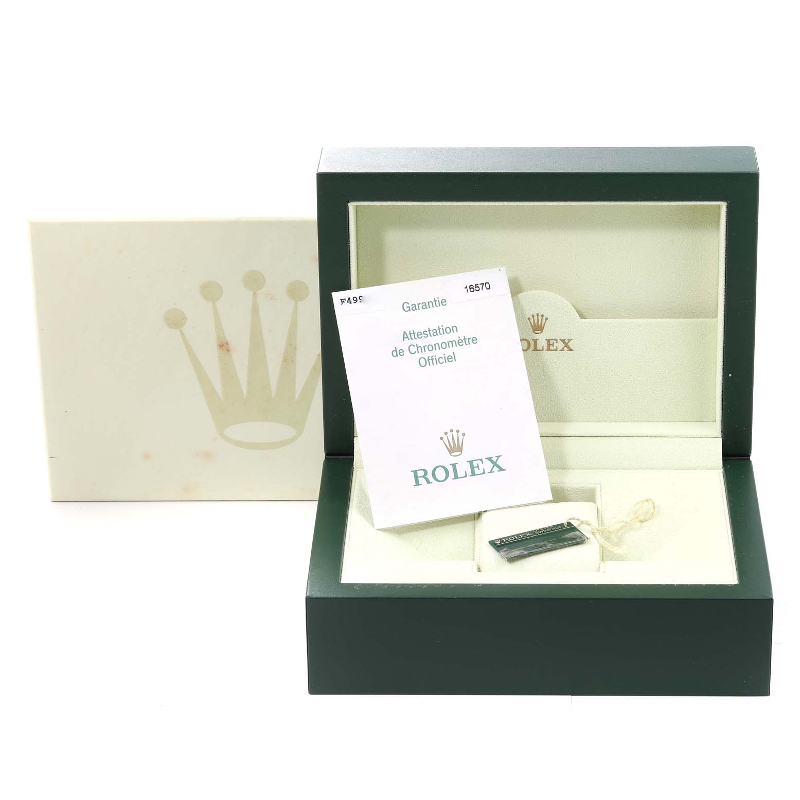 The image shows a Rolex Explorer 16570 Men
s Stainless Steel White Dial 16570 Men
s Stainless Steel White Dial model
s box and papers, including the warranty card, displayed at an angle from the front.