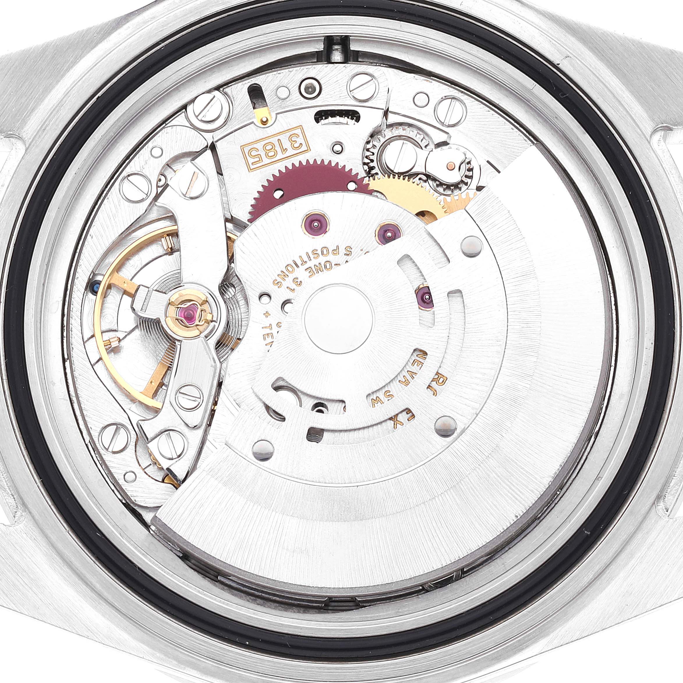 The image shows the inner mechanics of a Rolex Explorer 16570 Men
s Stainless Steel White Dial 16570 Men
s Stainless Steel White Dial watch from a rear angle, revealing its movement and components.