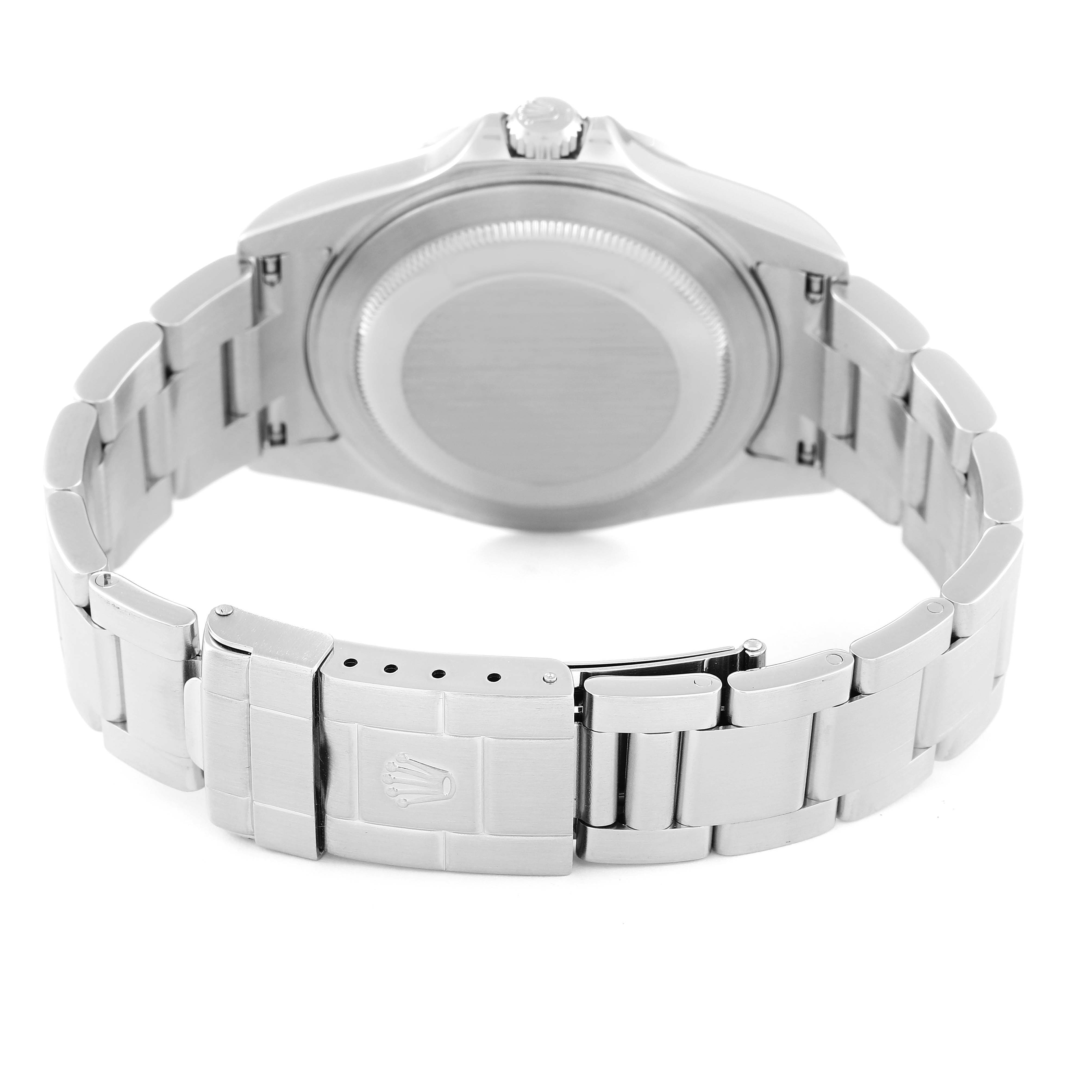 The image shows the back view of a Rolex Explorer 16570 Men
s Stainless Steel White Dial 16570 Men
s Stainless Steel White Dial watch, highlighting the case back, bracelet, and clasp.