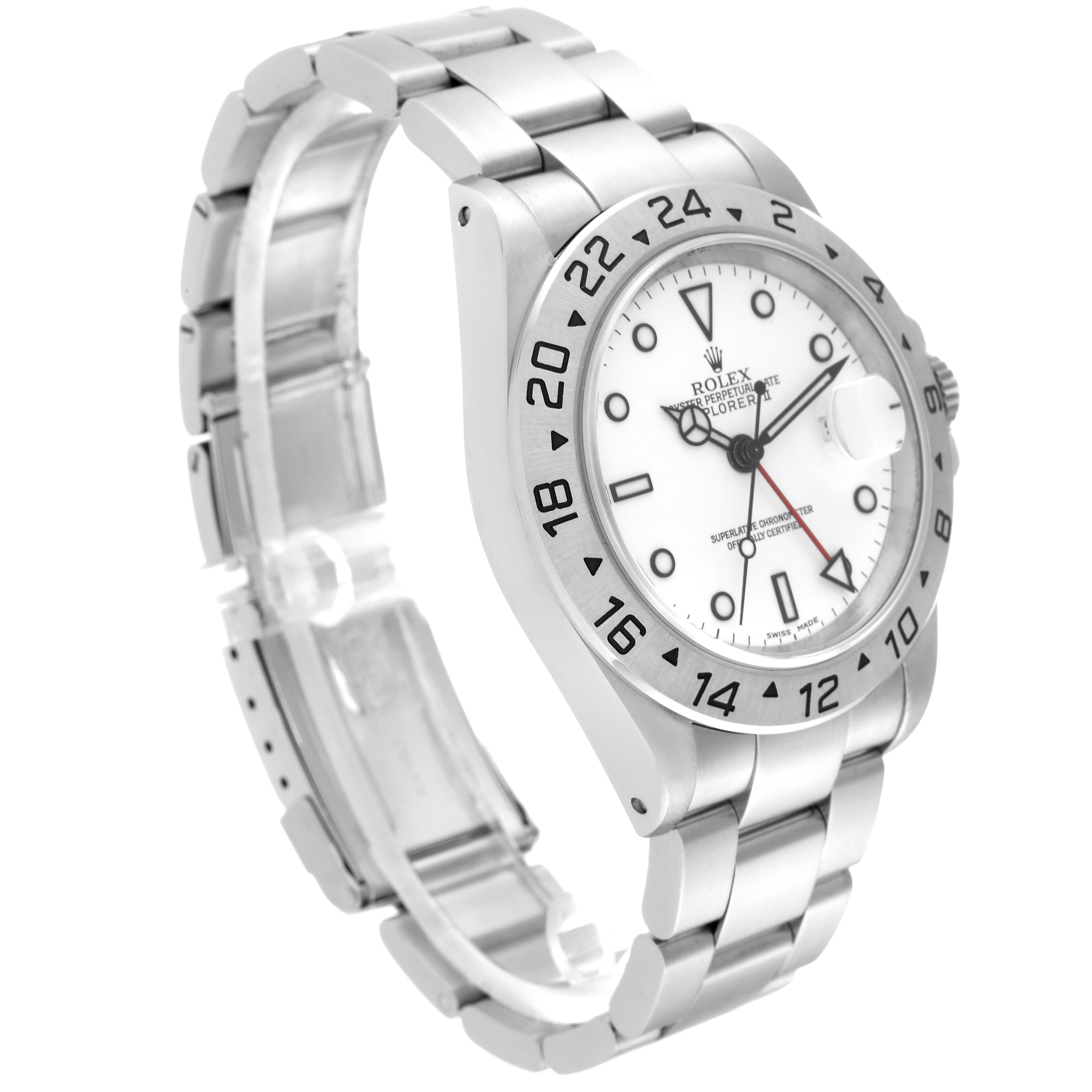 The image shows a Rolex Explorer 16570 Men's Stainless Steel White Dial 16570 Men's Stainless Steel White Dial model watch from a three-quarter angle, highlighting the dial, bezel, and bracelet.