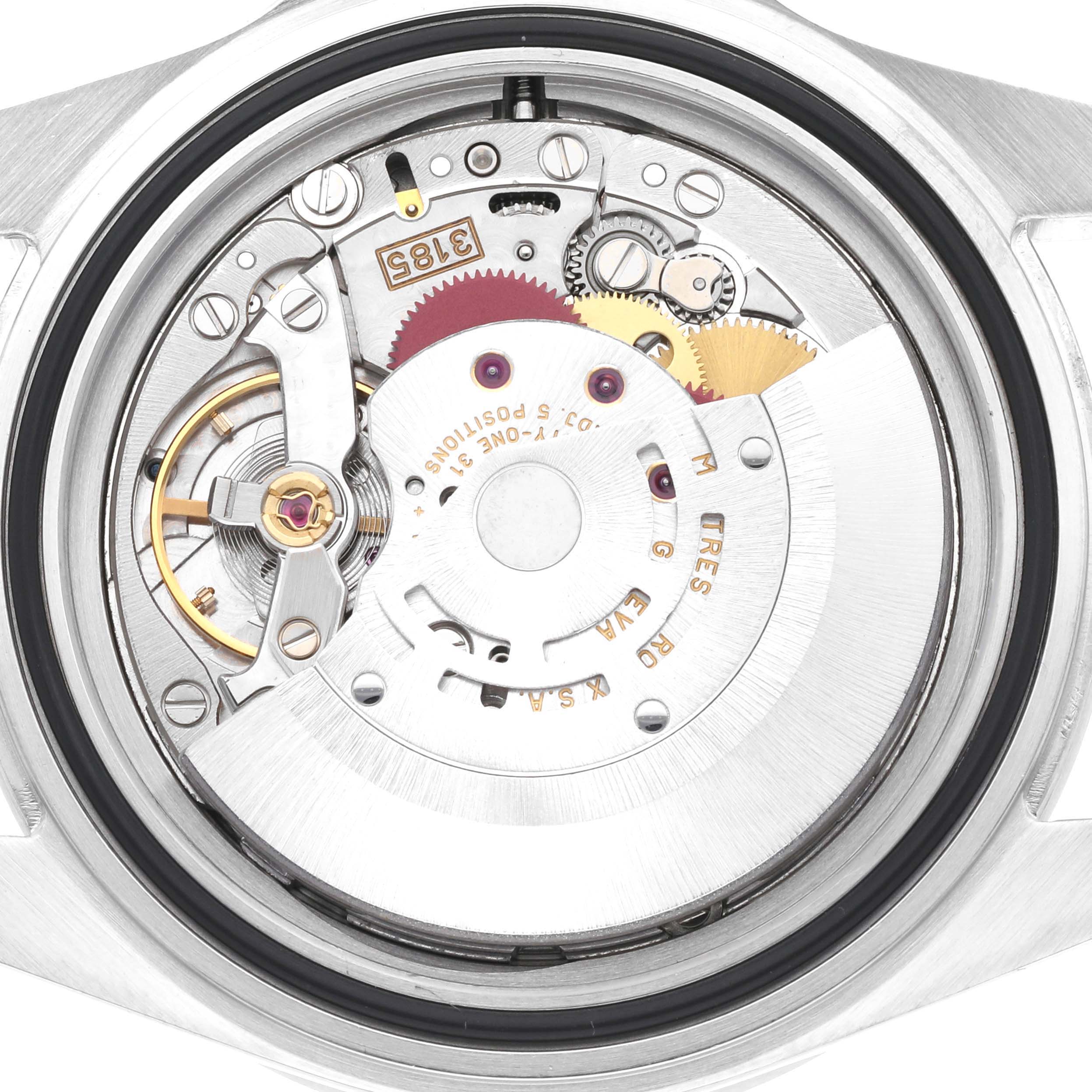 This image shows a close-up view of the internal movement of a Rolex Explorer 16570 Men's Stainless Steel White Dial 16570 Men's Stainless Steel White Dial watch.