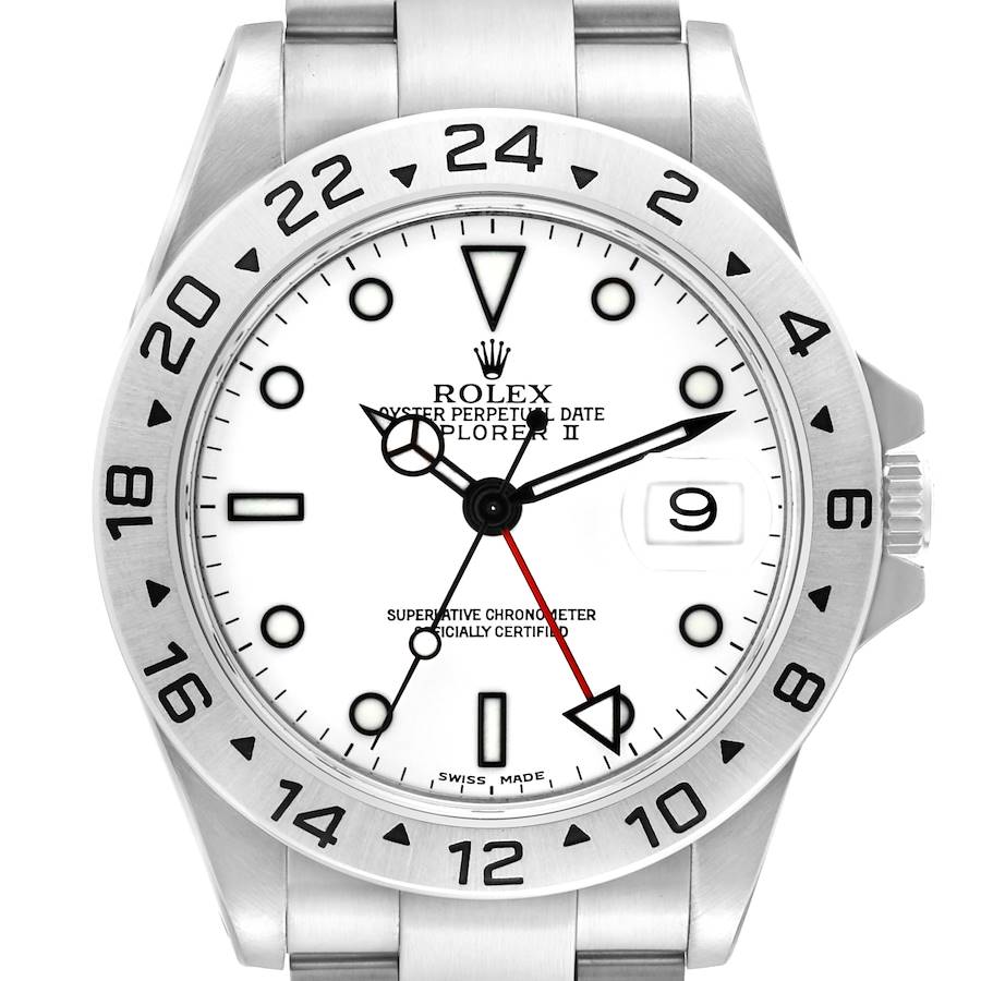 The image shows a front view of the Rolex Explorer II watch, highlighting its bezel, dial, and bracelet.