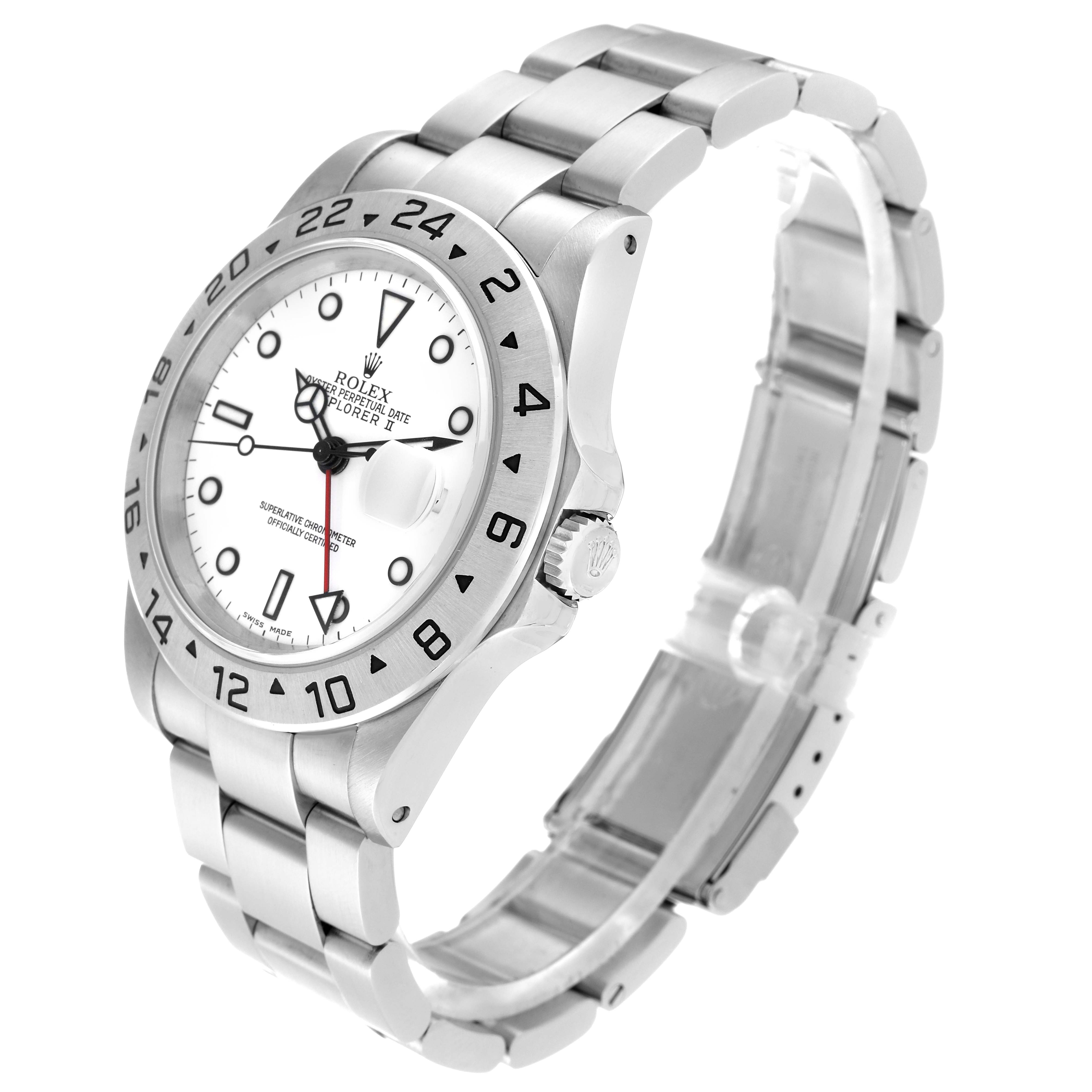 This image shows a Rolex Explorer 16570 Men's Stainless Steel White Dial 16570 Men's Stainless Steel White Dial watch at a front-side angle, highlighting the face, bezel, crown, and bracelet.
