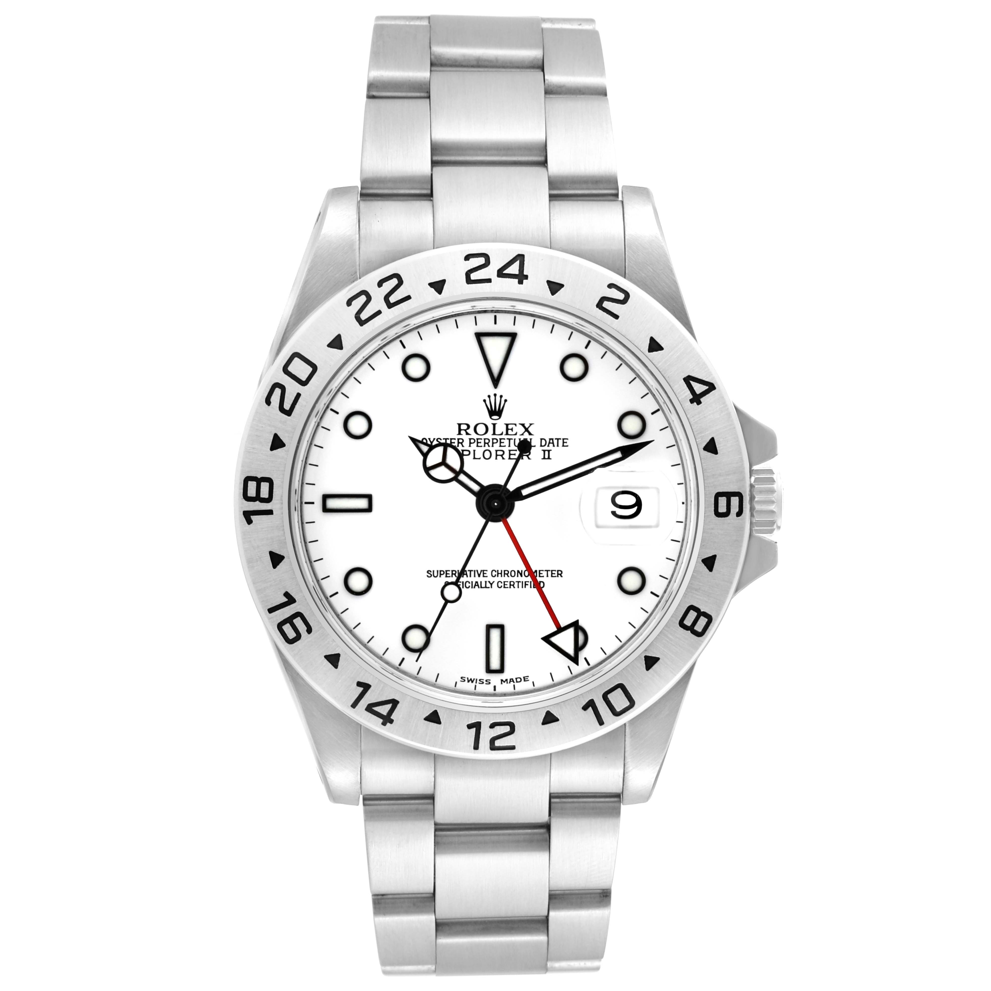 This image shows a front view of the Rolex Explorer 16570 Men's Stainless Steel White Dial 16570 Men's Stainless Steel White Dial watch, highlighting its dial, bezel, and bracelet.