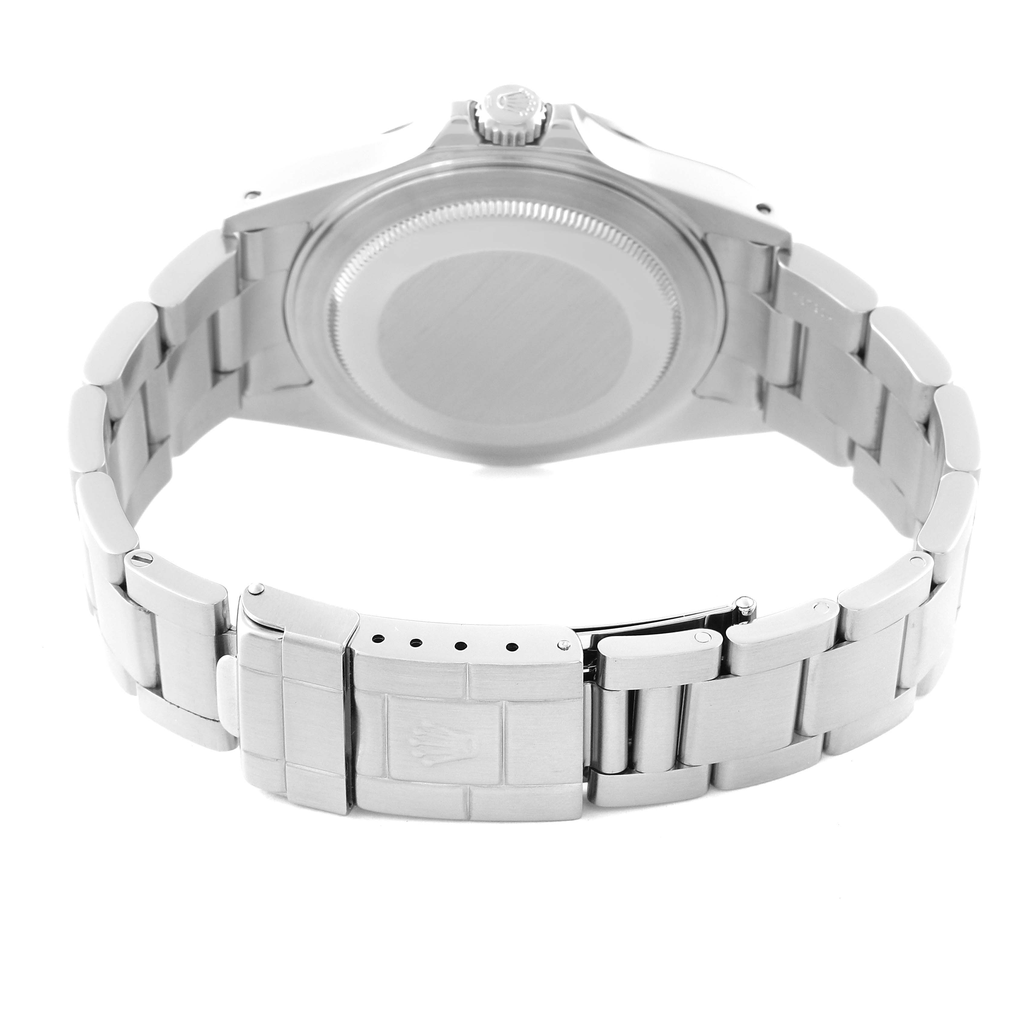 The image shows the back view of the Rolex Explorer 16570 Men's Stainless Steel White Dial 16570 Men's Stainless Steel White Dial watch, highlighting the case back, crown, and bracelet with clasp.