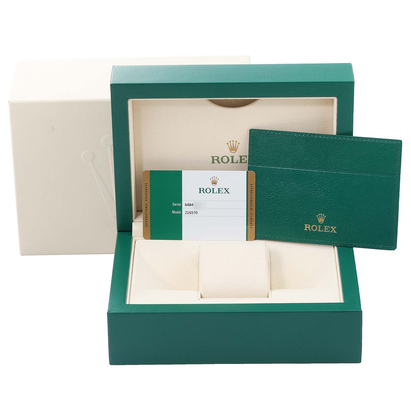 This image shows the packaging and accessories for a Rolex Explorer 216570 Men's Stainless Steel White Dial 216570 Men's Stainless Steel White Dial, including the box, warranty card, and cardholder.