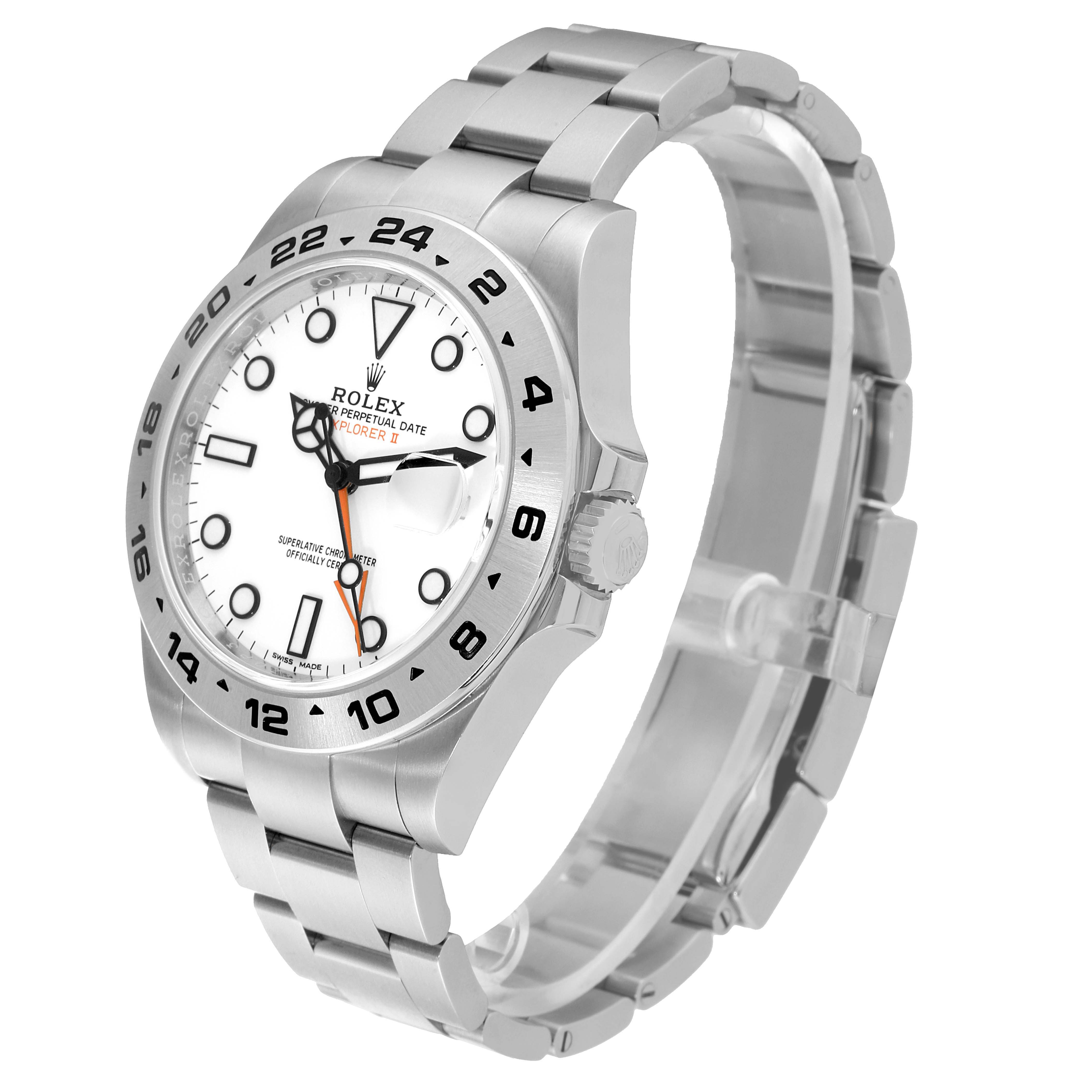 The Rolex Explorer 216570 Men's Stainless Steel White Dial 216570 Men's Stainless Steel White Dial watch is shown at a 3/4 angle, displaying its white dial, bezel, markers, crown, and metal bracelet.