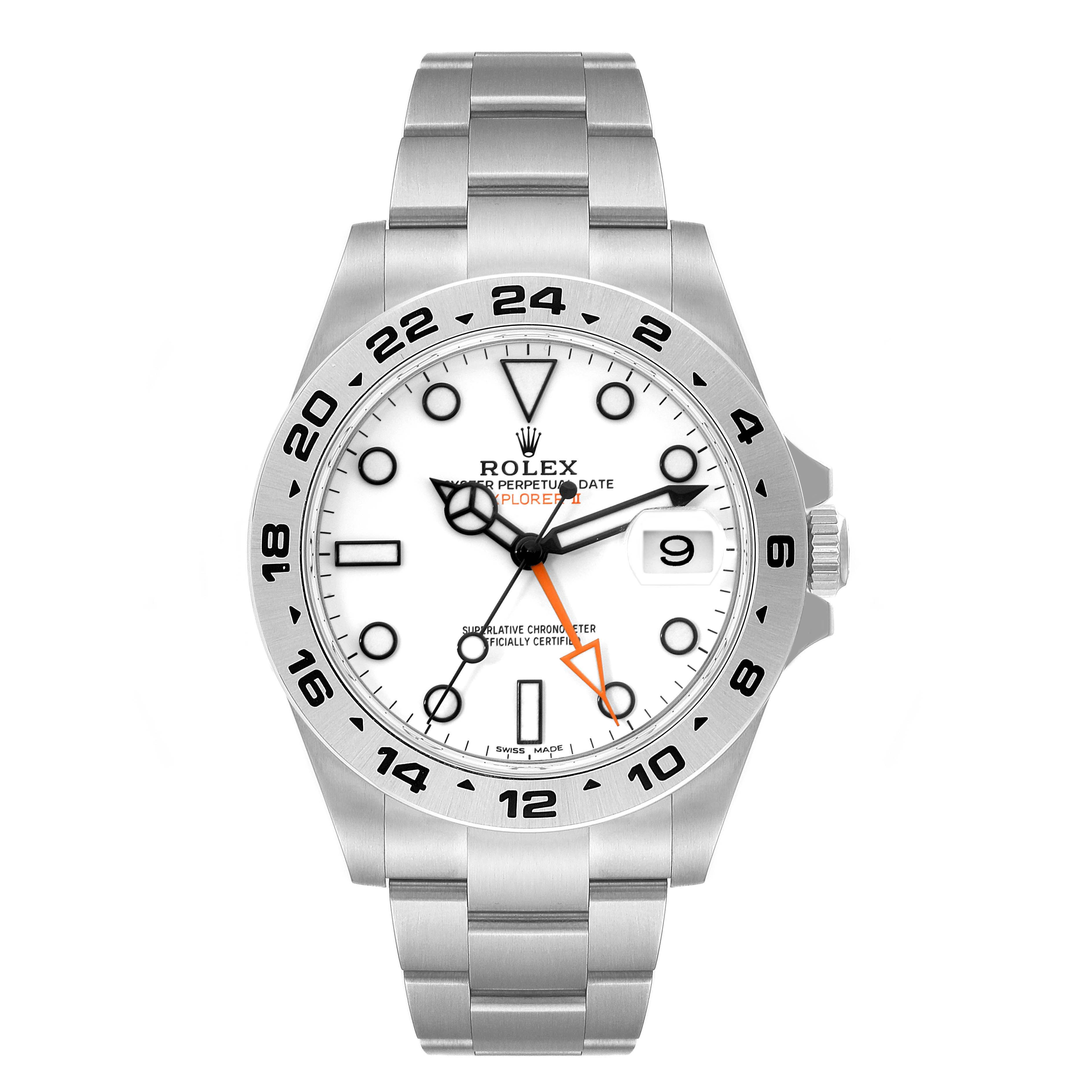 This image shows a front view of the Rolex Explorer 216570 Men's Stainless Steel White Dial 216570 Men's Stainless Steel White Dial watch, displaying the watch face, bezel, and bracelet.