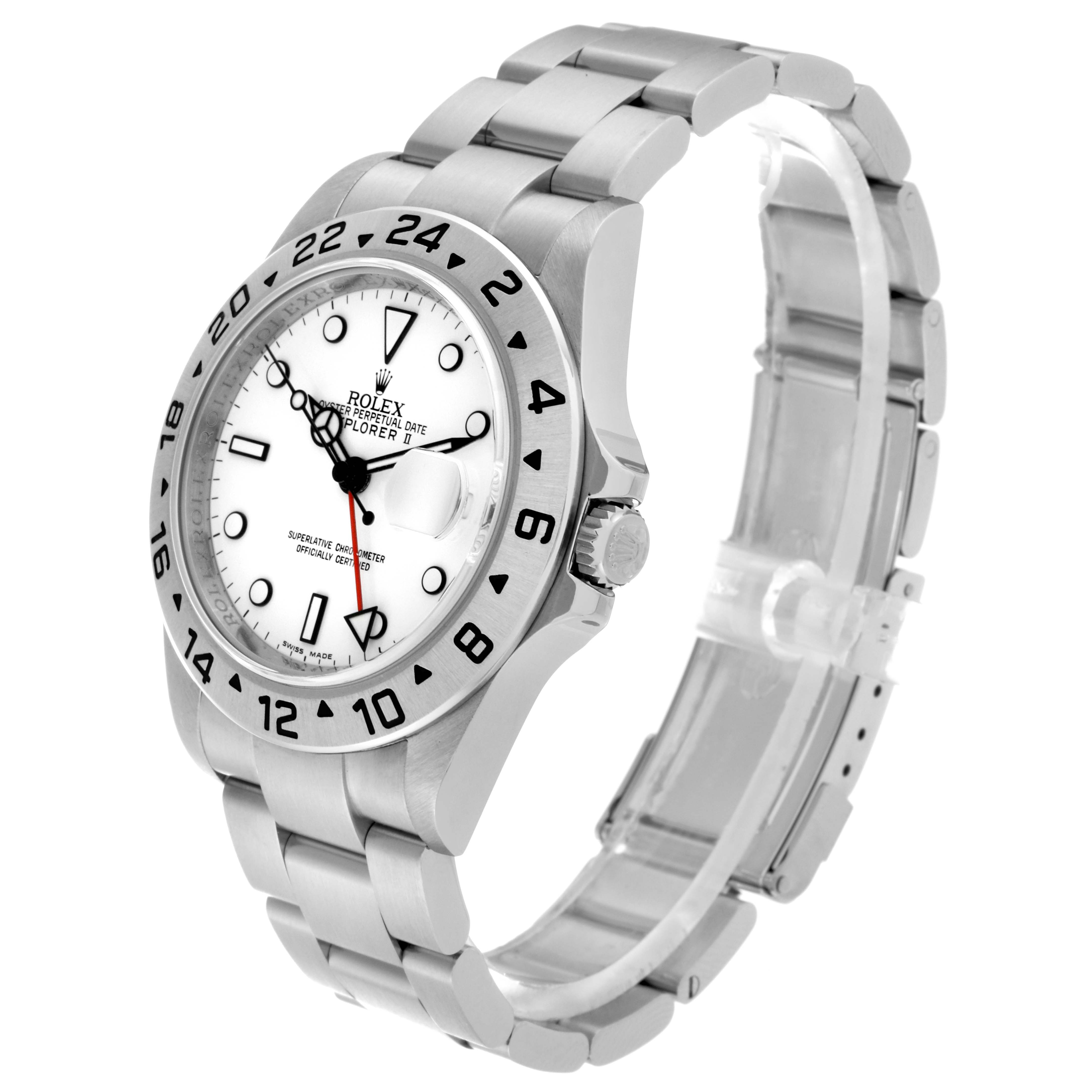 The Rolex Explorer 16570 Men's Stainless Steel White Dial 16570 Men's Stainless Steel White Dial watch is displayed at a slight side angle, showing its face, bezel, crown, and bracelet.