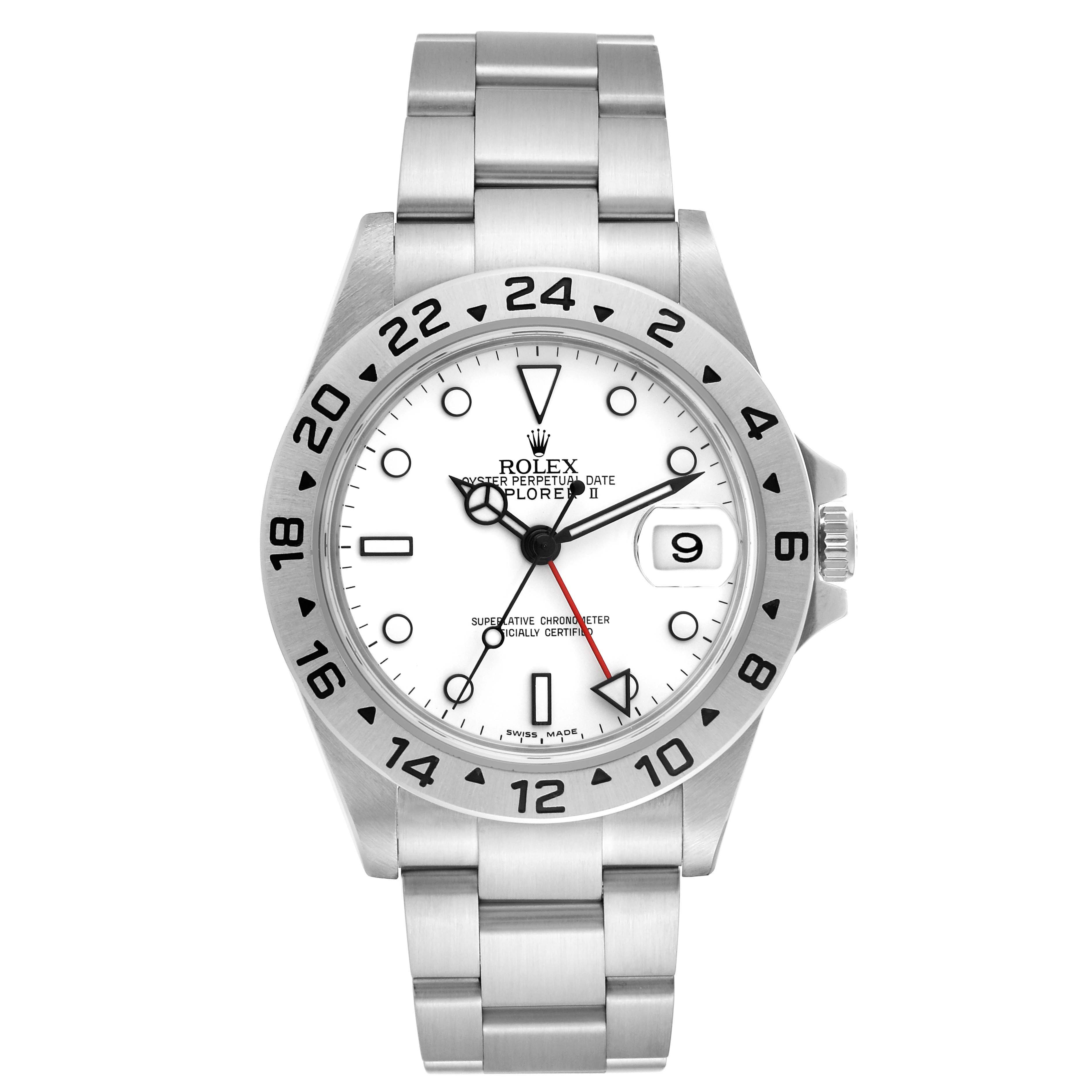This image shows a front view of the Rolex Explorer 16570 Men's Stainless Steel White Dial 16570 Men's Stainless Steel White Dial watch, displaying the face, bezel, bracelet, and crown.