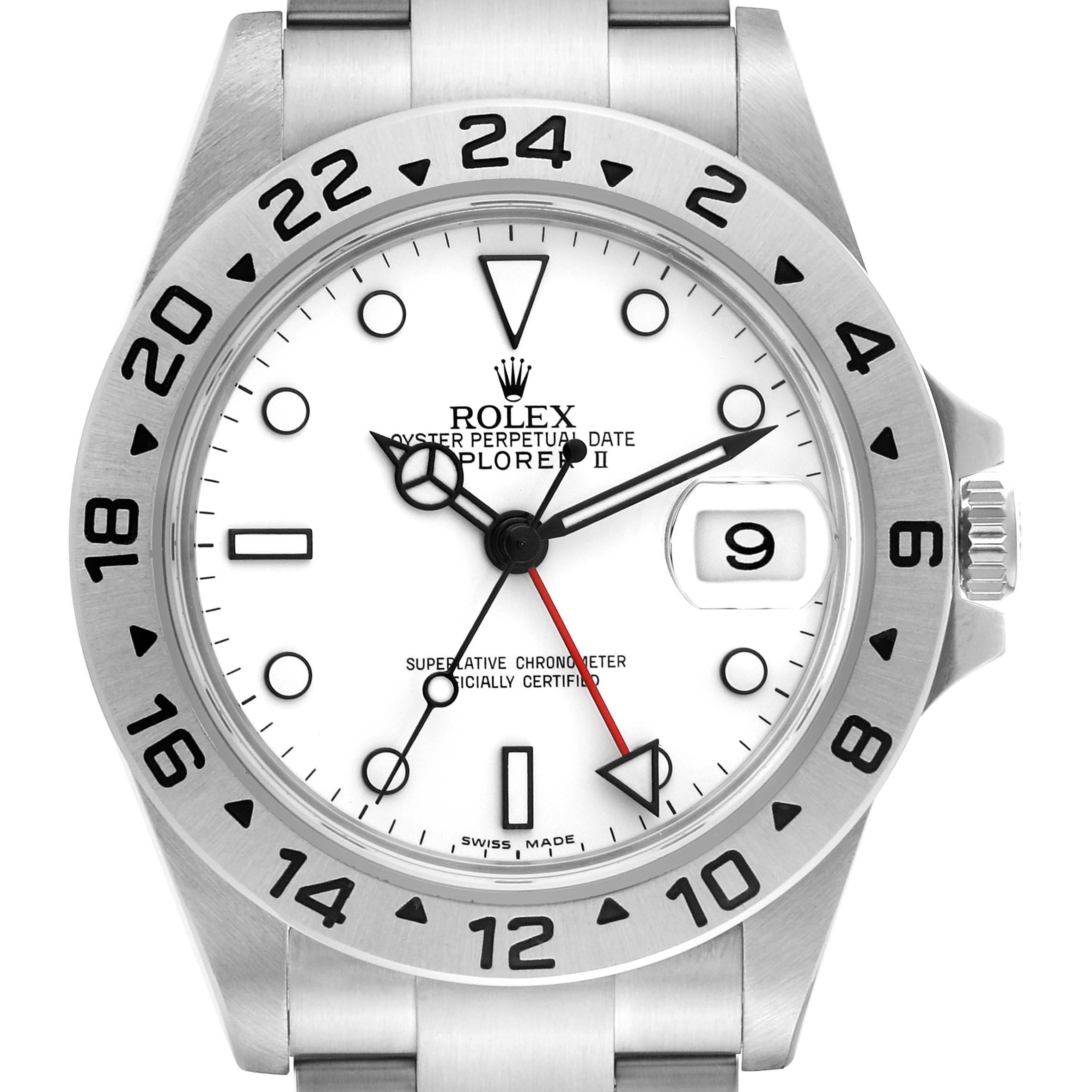 This image shows a frontal view of the Rolex Explorer 16570 Men's Stainless Steel White Dial 16570 Men's Stainless Steel White Dial watch, displaying its dial, bezel, and part of the bracelet.