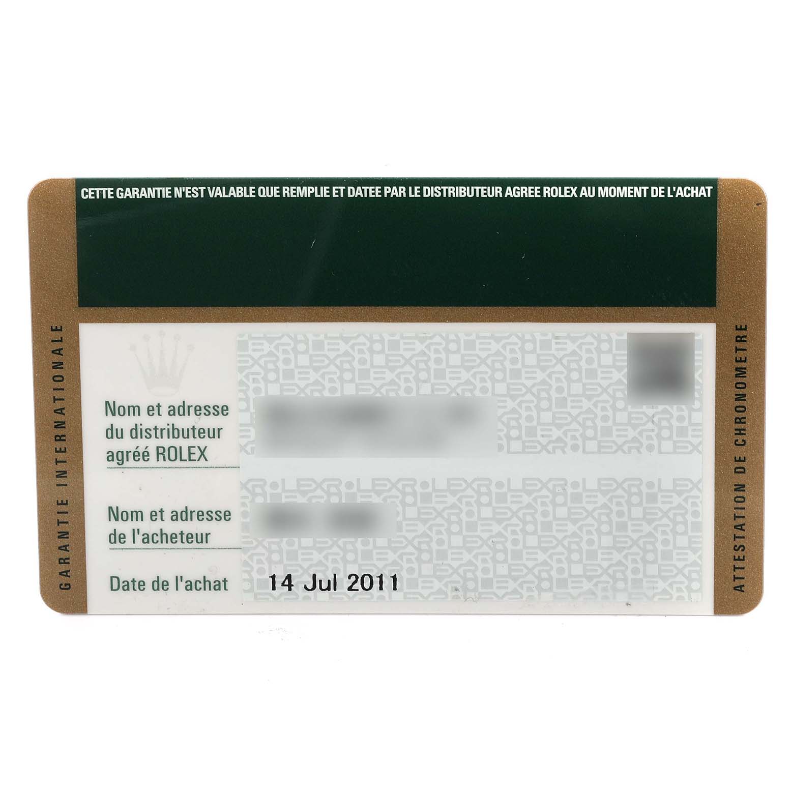 This is an international guarantee card for the Rolex Explorer 16570 Men's Stainless Steel White Dial 16570 Men's Stainless Steel White Dial model.