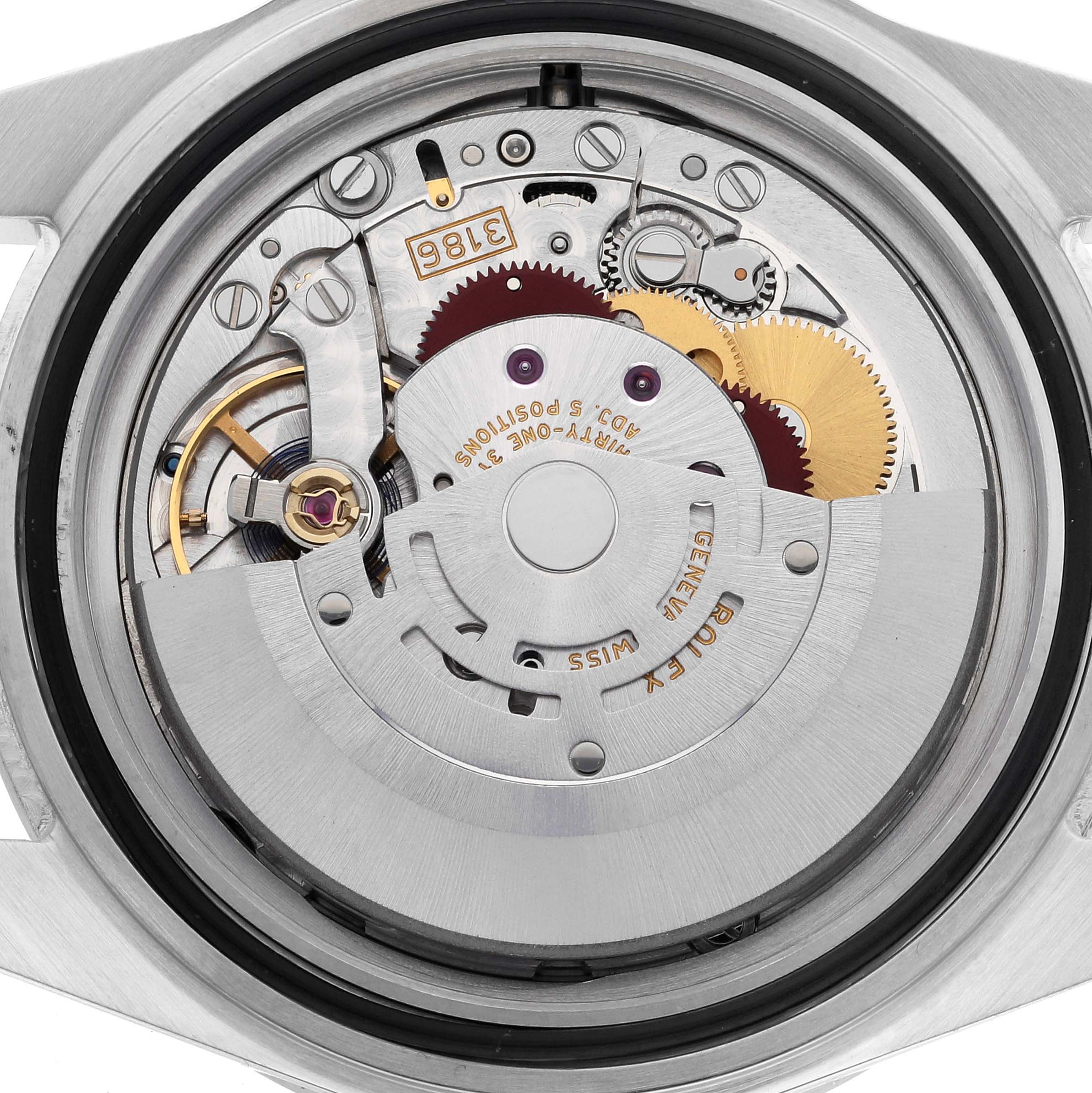 This is a close-up view of the internal mechanism of the Rolex Explorer 16570 Men's Stainless Steel White Dial 16570 Men's Stainless Steel White Dial watch, showing its intricate gears and movement components.
