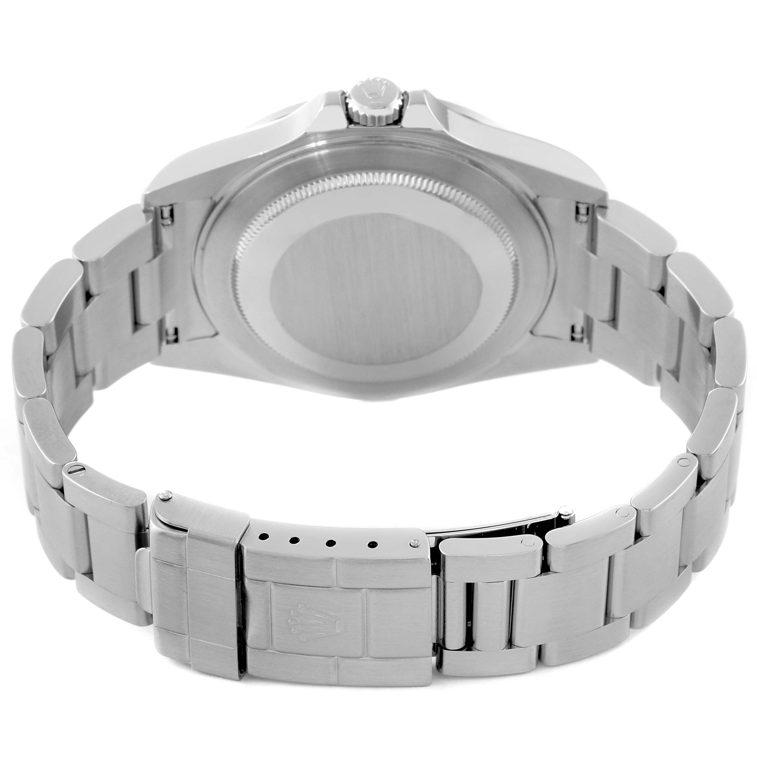 The image shows the back case and metal bracelet of the Rolex Explorer 16570 Men's Stainless Steel White Dial 16570 Men's Stainless Steel White Dial watch, viewed from the rear angle.