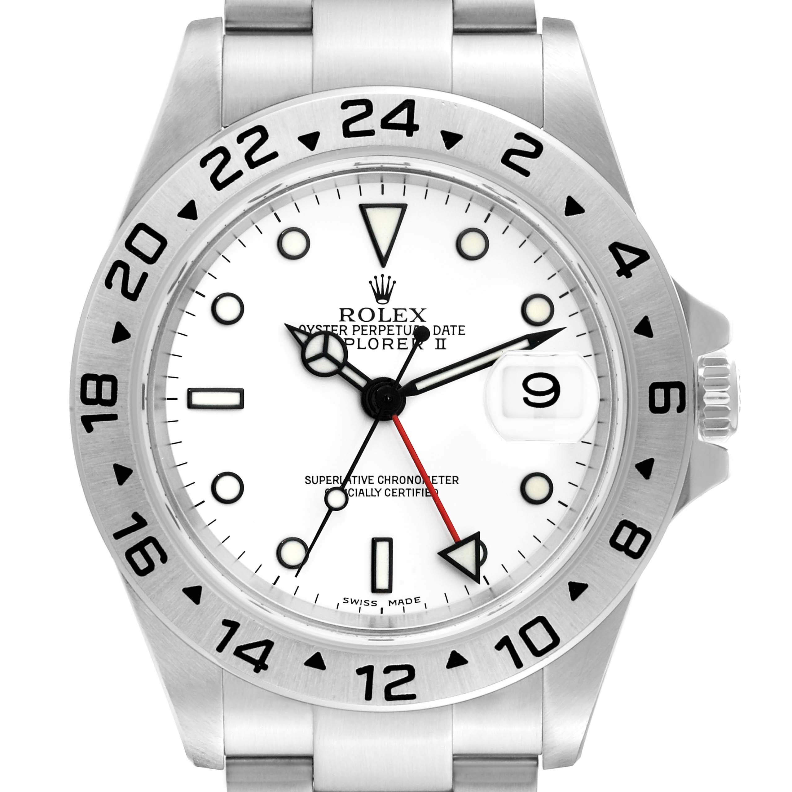 This is a front view of the Rolex Explorer 16570 Men's Stainless Steel White Dial 16570 Men's Stainless Steel White Dial watch, showing the dial, bezel, and part of the bracelet.