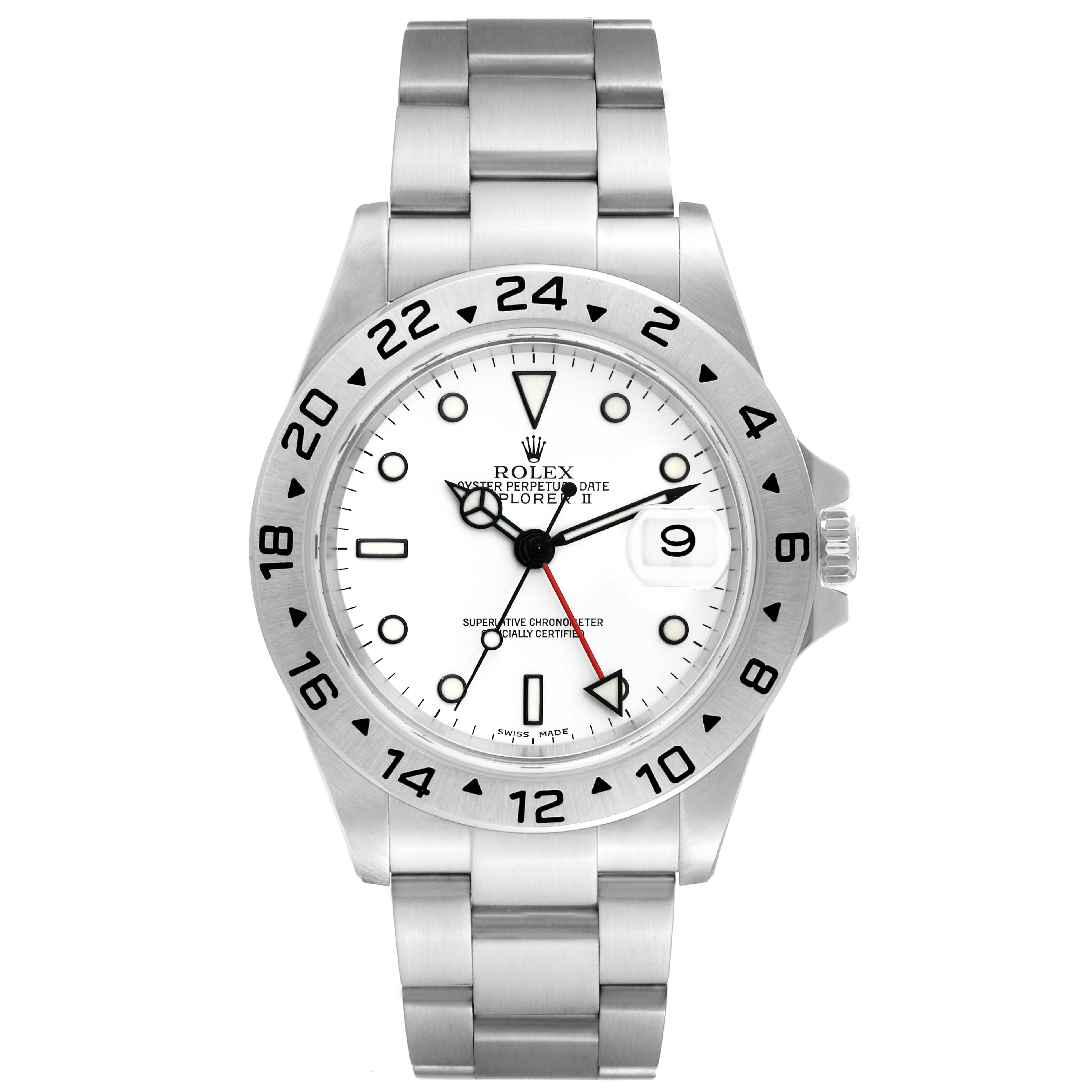 The image shows a frontal view of the Rolex Explorer 16570 Men's Stainless Steel White Dial 16570 Men's Stainless Steel White Dial watch, displaying its dial, bezel, bracelet, and crown.