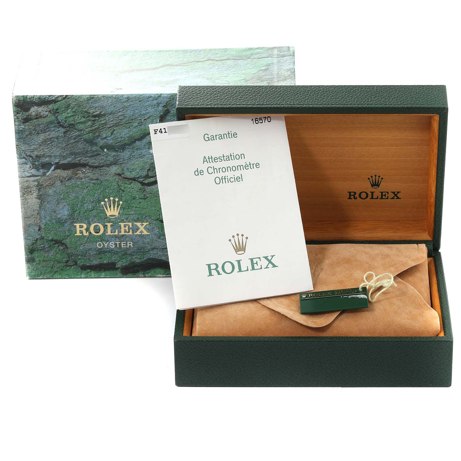 The image shows the packaging, papers, and tag of a Rolex Explorer 16570 Men's Stainless Steel White Dial 16570 Men's Stainless Steel White Dial, including the outer box, inner box, warranty, and suede pouch.