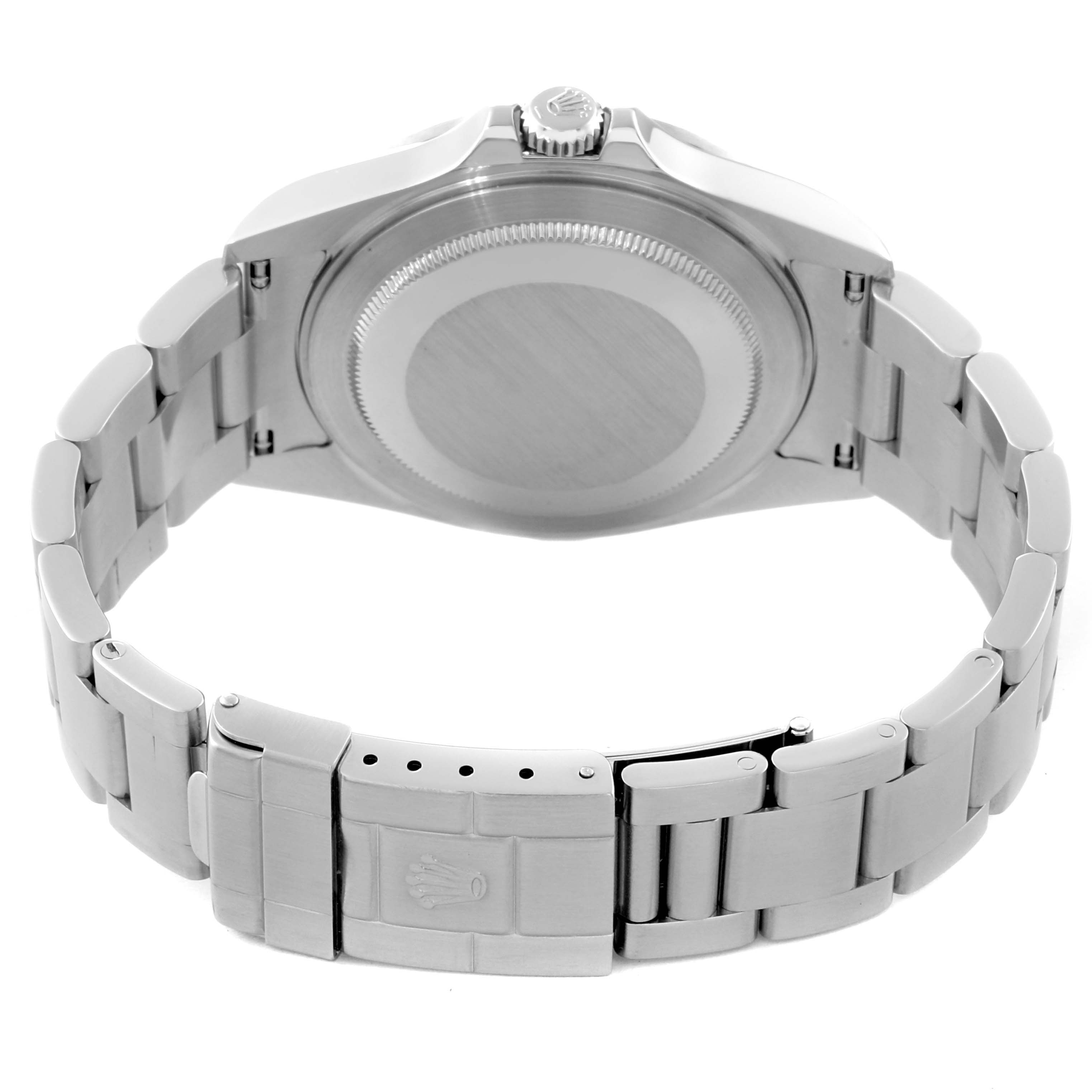 This image shows the back, crown, and stainless steel bracelet of a Rolex Explorer 16570 Men's Stainless Steel White Dial 16570 Men's Stainless Steel White Dial model watch.