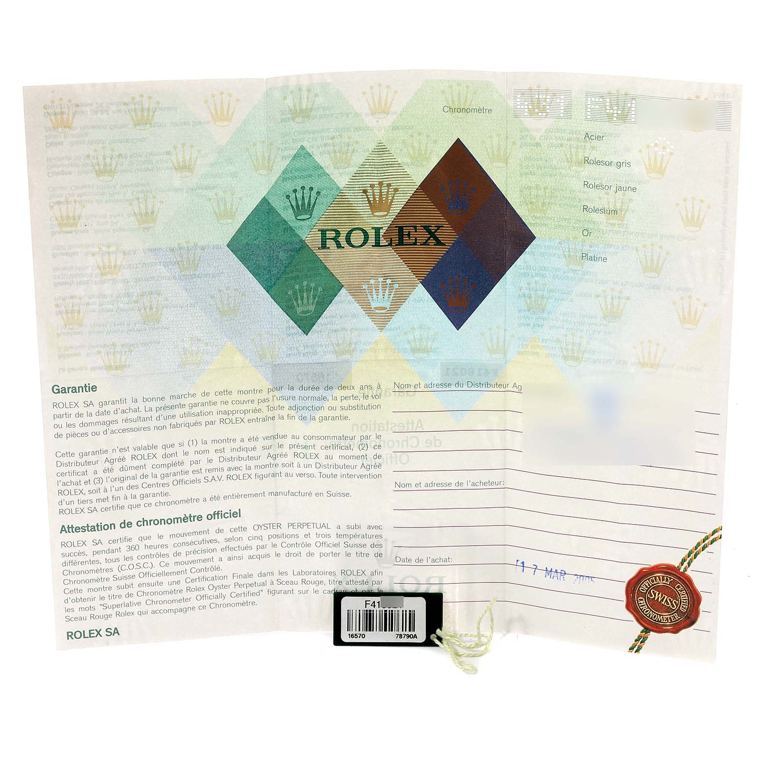 The image shows a document or certificate for the Rolex Explorer 16570 Men's Stainless Steel White Dial 16570 Men's Stainless Steel White Dial model, featuring warranty information and authentication details.