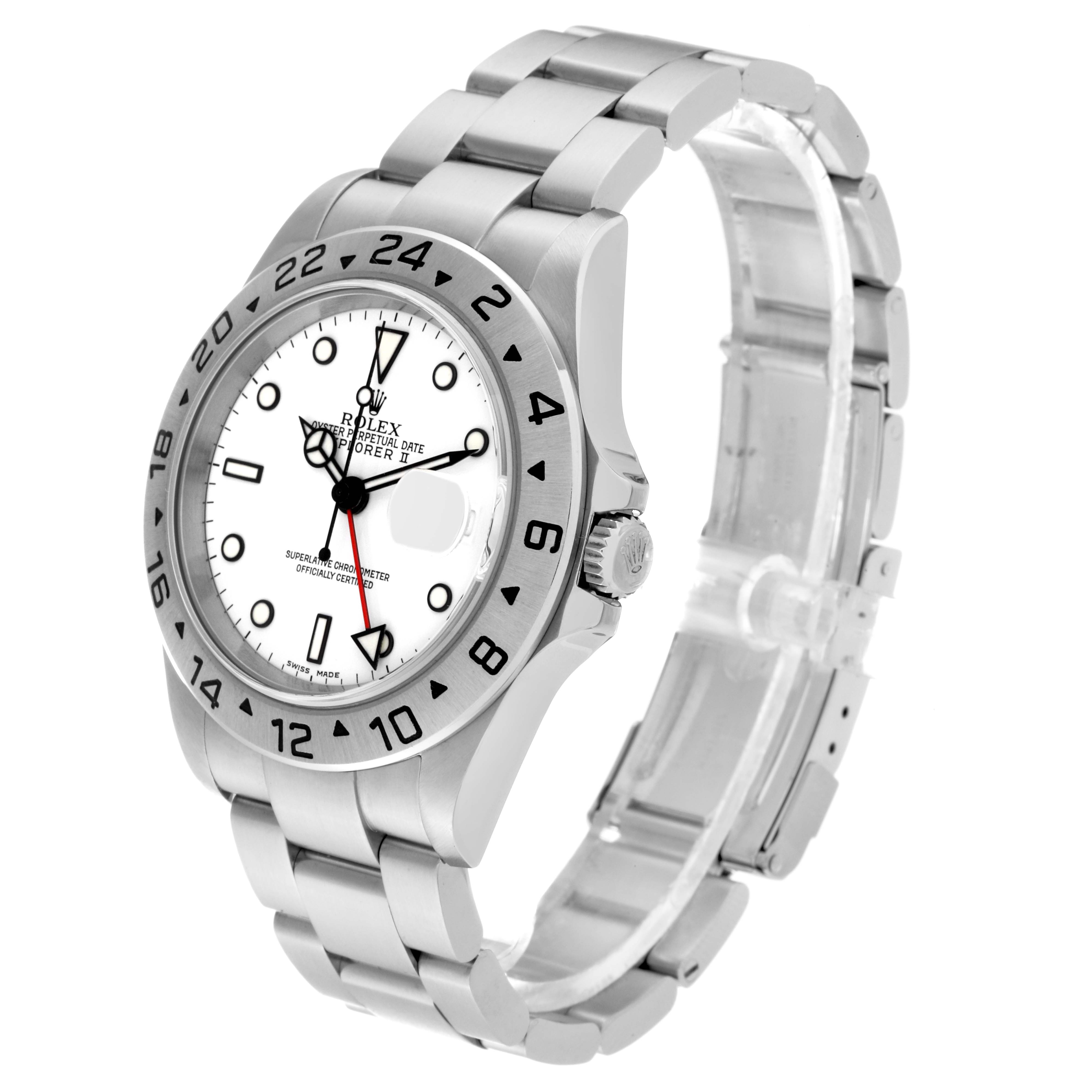 The Rolex Explorer 16570 Men's Stainless Steel White Dial 16570 Men's Stainless Steel White Dial watch is shown at a 3/4 angle, featuring its stainless steel bracelet, bezel, crown, and white dial.