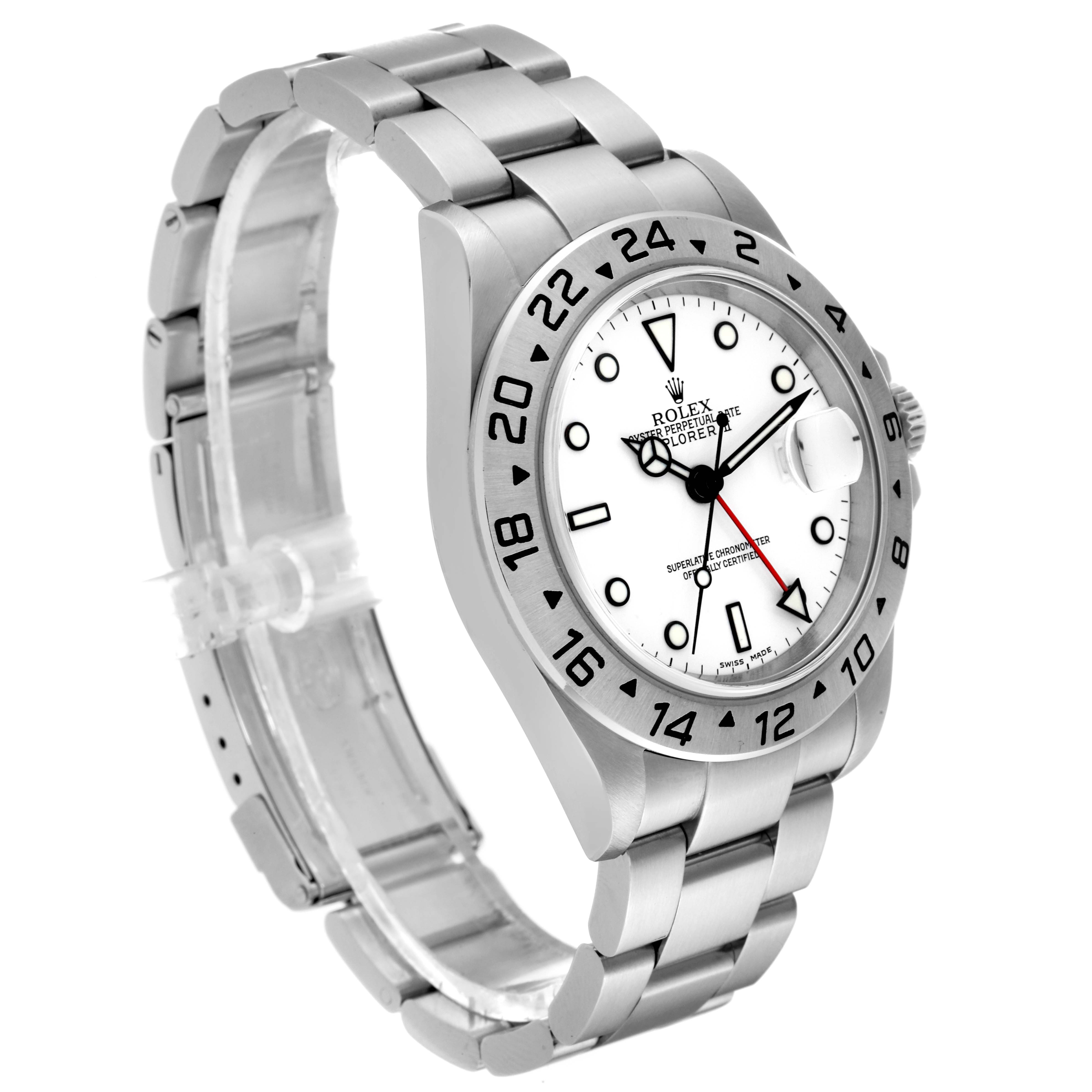 The image shows a side angle of a Rolex Explorer 16570 Men's Stainless Steel White Dial 16570 Men's Stainless Steel White Dial watch, displaying its bezel, dial, hands, bracelet, and crown.