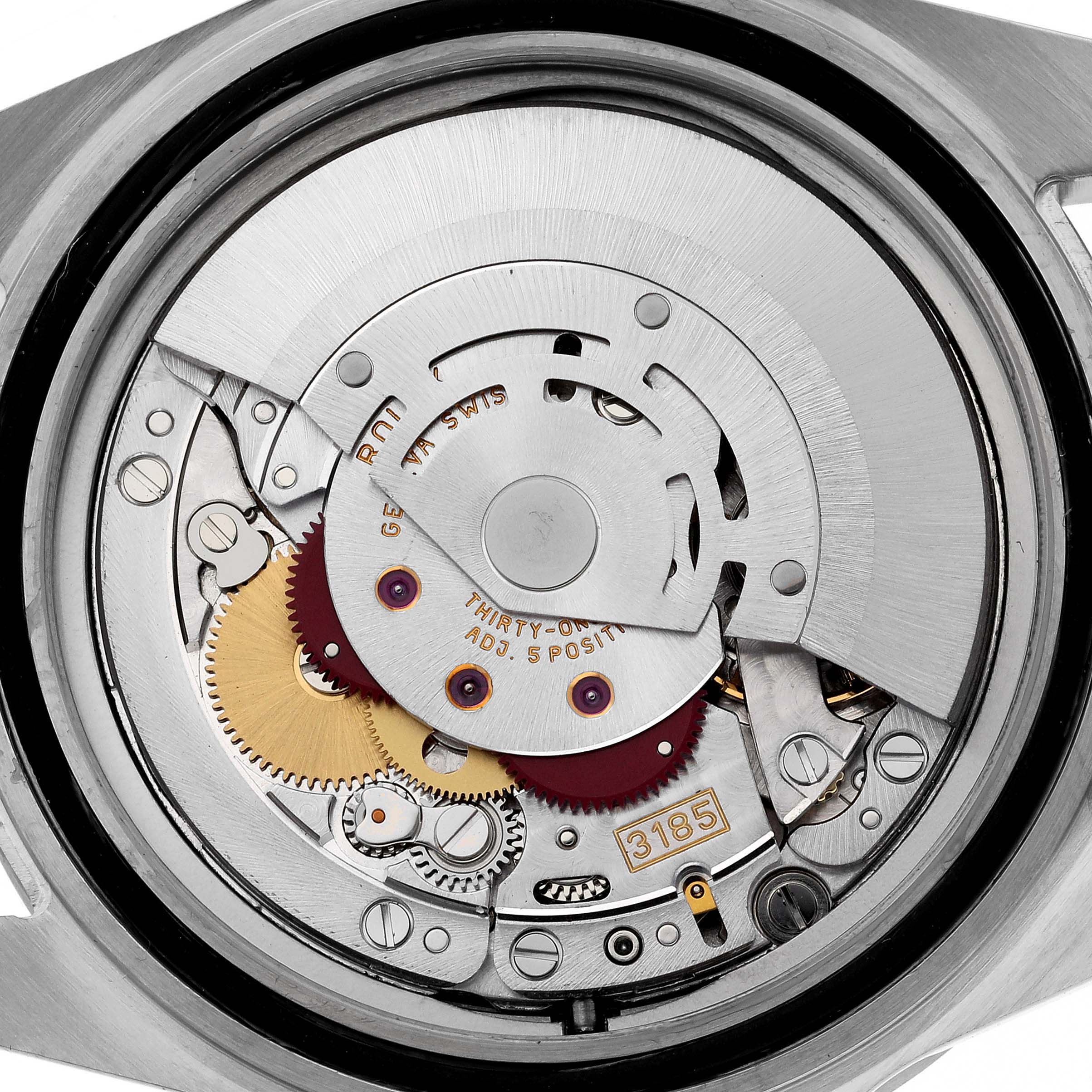 The image shows the internal mechanism and movement of a Rolex Explorer 16570 Men's Stainless Steel White Dial 16570 Men's Stainless Steel White Dial watch, viewed from the back.